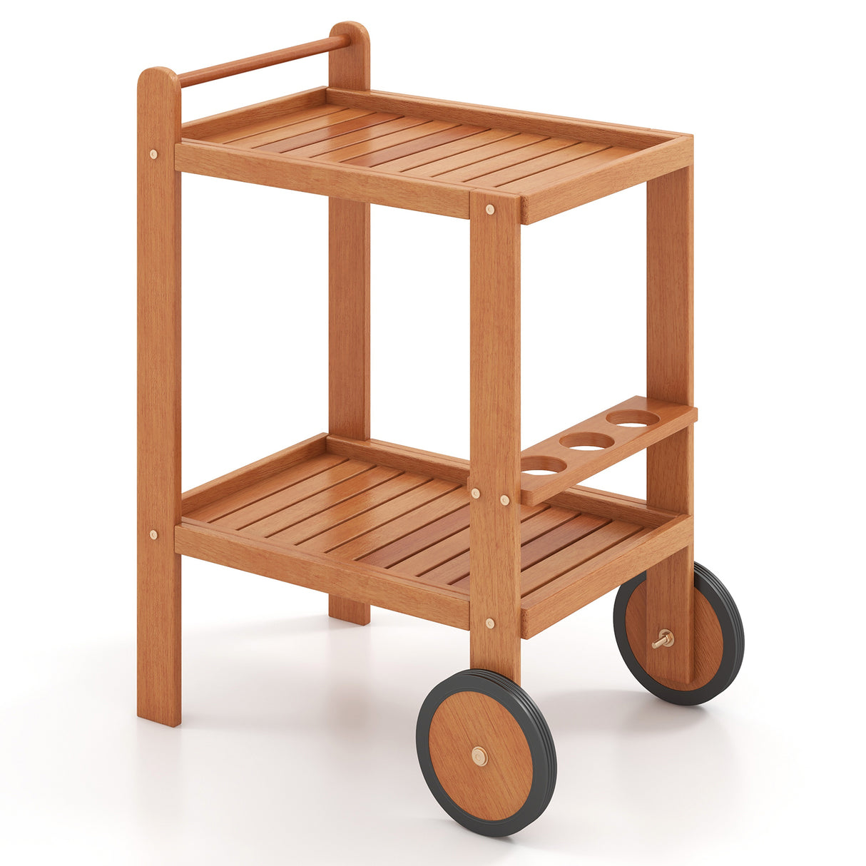 2 Tier Rolling Serving Cart with Wine Bottle Holders and 2 Rubber Wheels