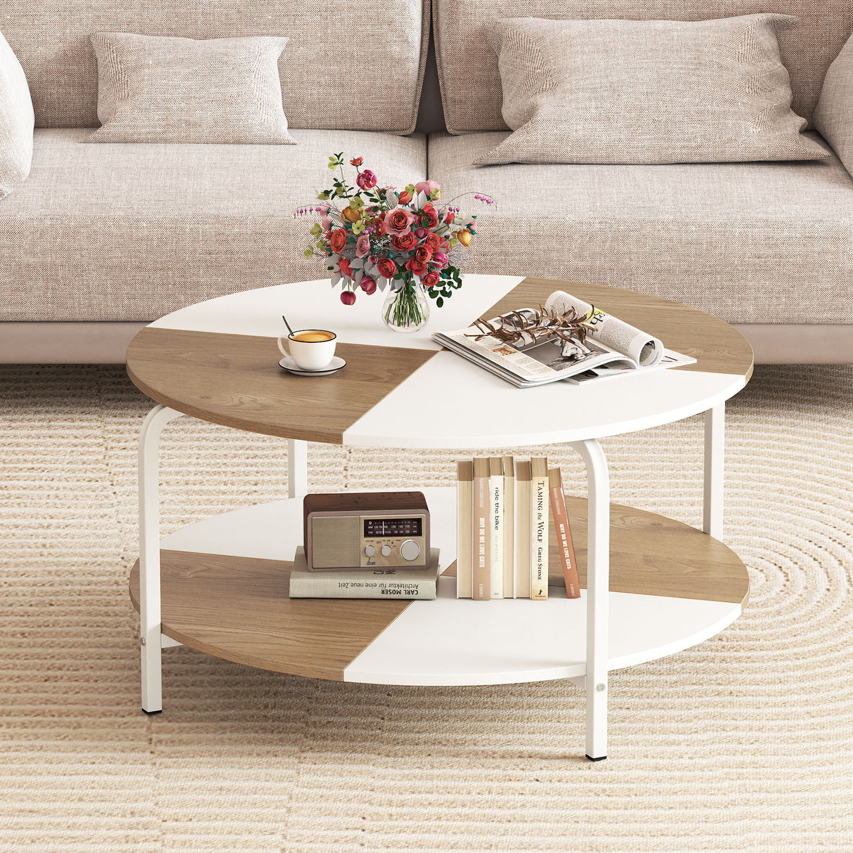 2-Tier Round Coffee Table Metal Frame with Storage Shelf-Natural & White