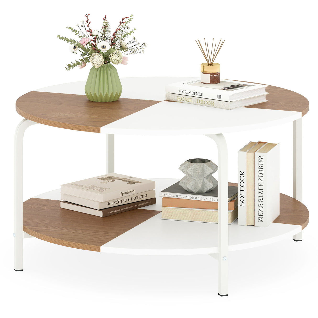 2-Tier Round Coffee Table Metal Frame with Storage Shelf-Natural & White