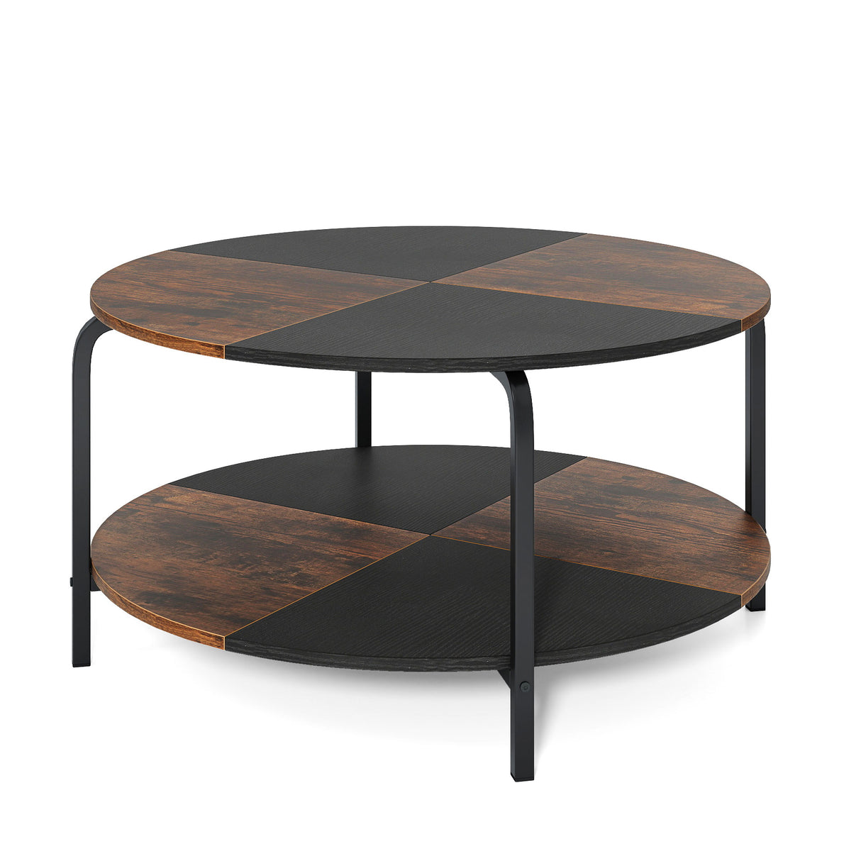 2-Tier Round Coffee Table Metal Frame with Storage Shelf-Rustic Brown
