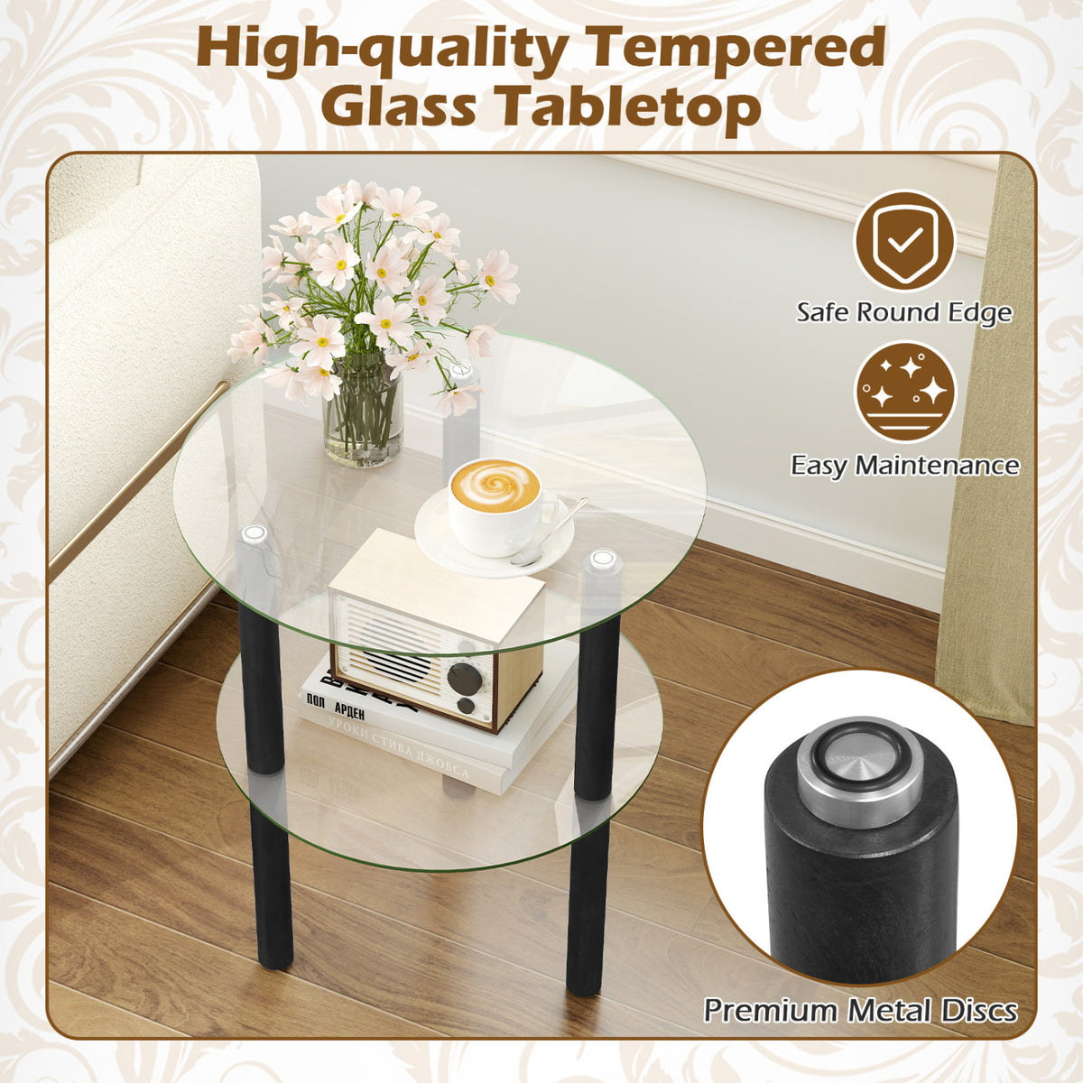2-Tier Round End Table with Clear Tempered Glass Top and Shelf-Black