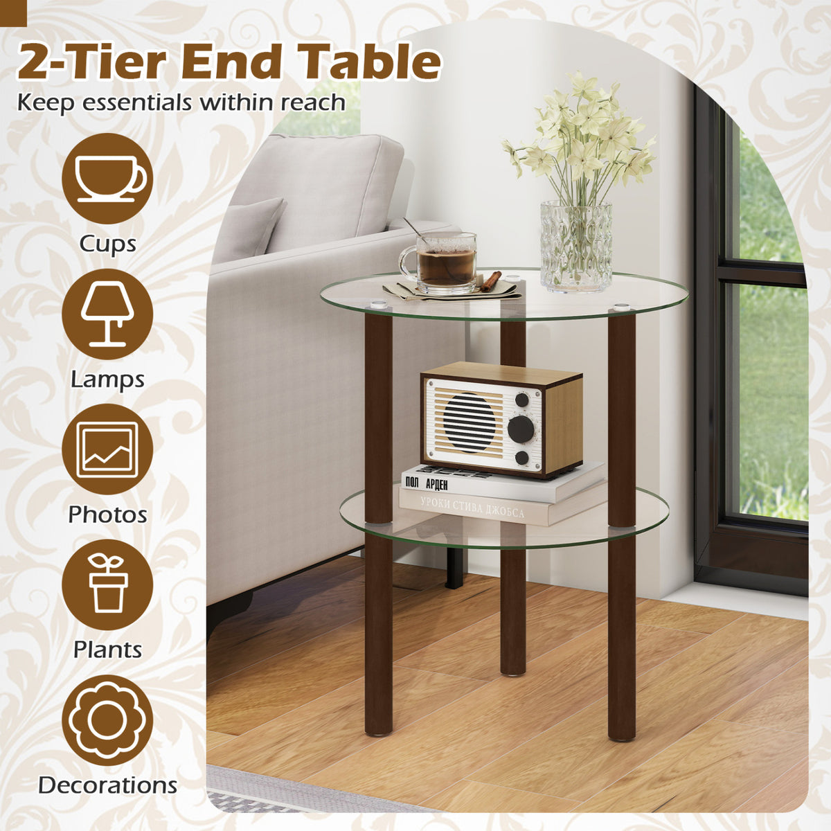 2-Tier Round End Table with Clear Tempered Glass Top and Shelf-Brown