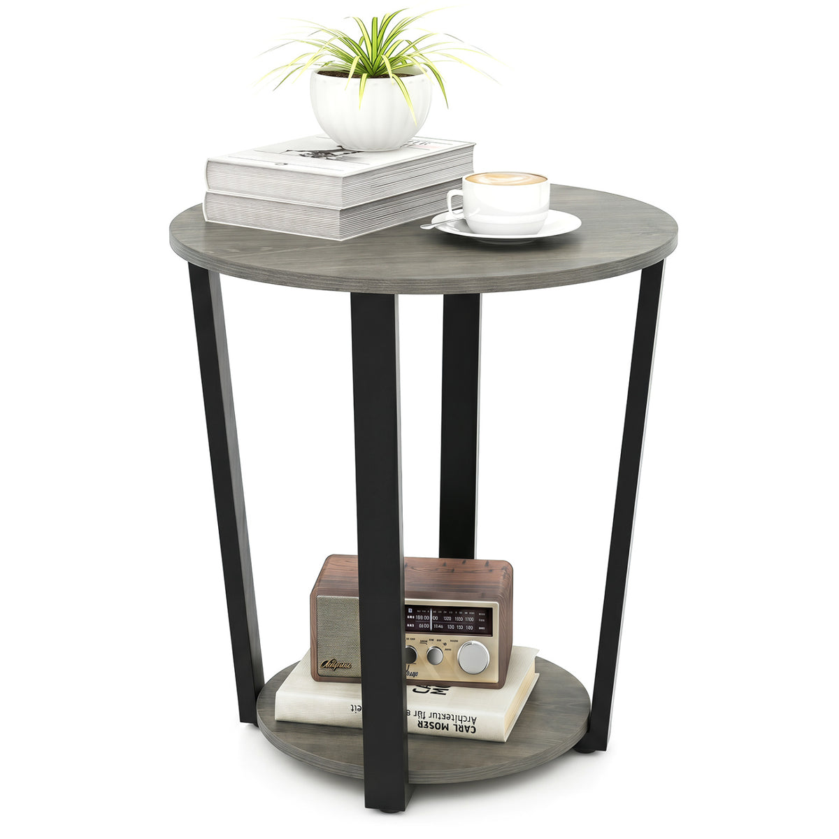 2-Tier Round End Table with Storage Shelf and Metal Frame-Oak