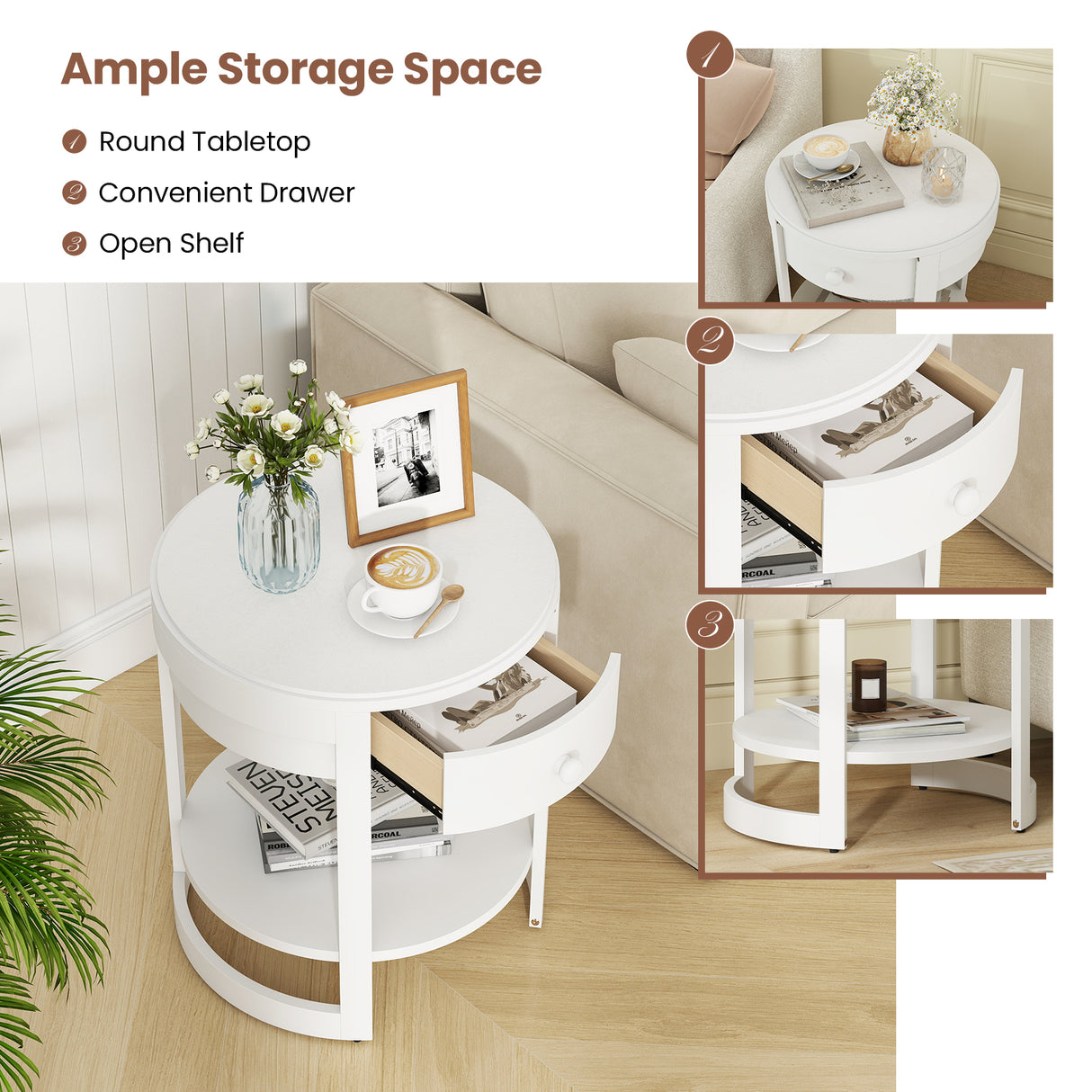 2-Tier Round End Table Mid Century Modern Nightstand-White