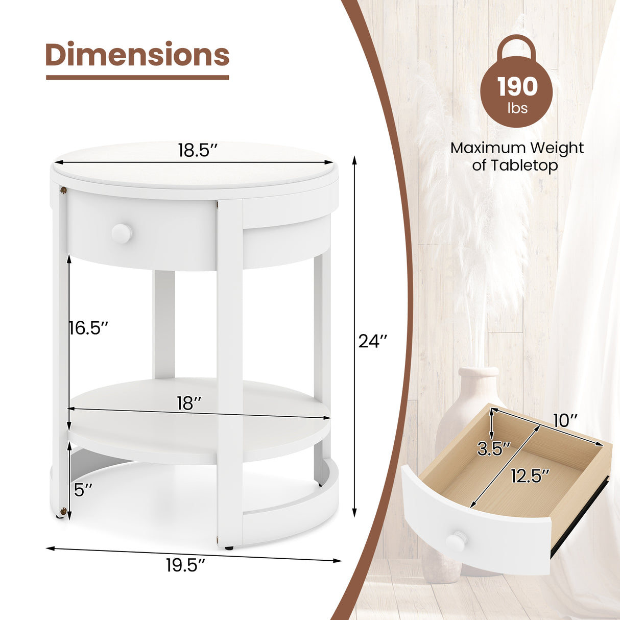 2-Tier Round End Table Mid Century Modern Nightstand-White