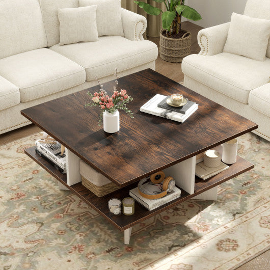 2-Tier Square Coffee Table with 4 Storage Compartments-Rustic Brown