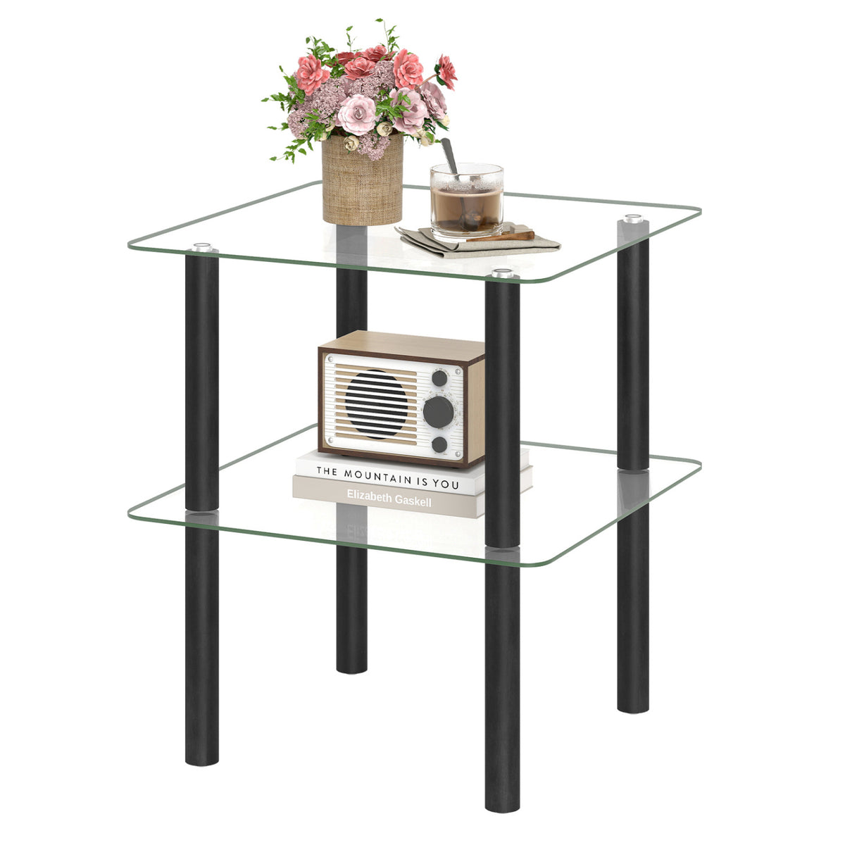 2-Tier Square End Table with Shelf and Clear Tempered Glass Top-Black