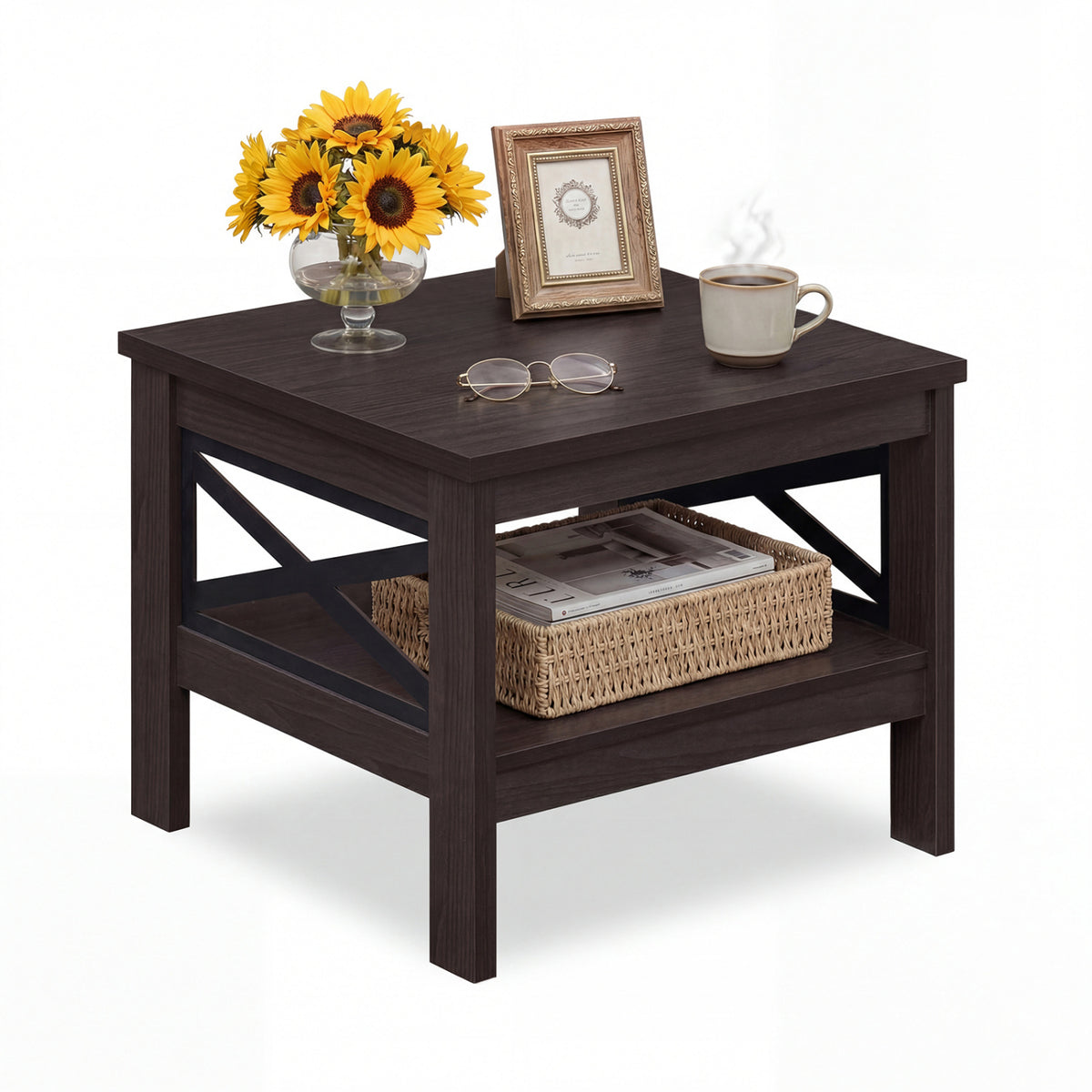2-Tier Square Side Table with Storage Shelf and X-Frame for Bedroom Living Room-Brown