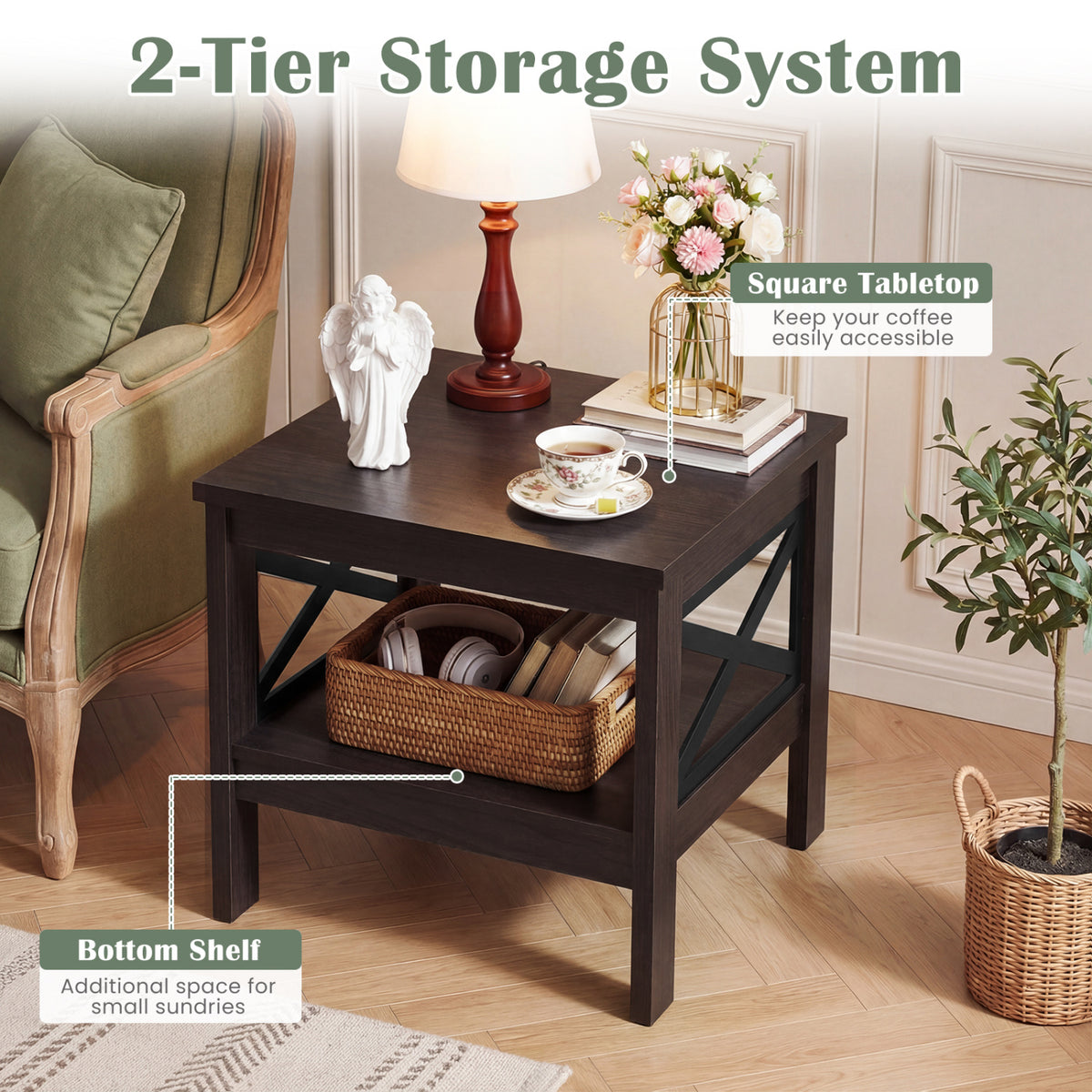 2-Tier Square Side Table with Storage Shelf and X-Frame for Bedroom Living Room-Brown