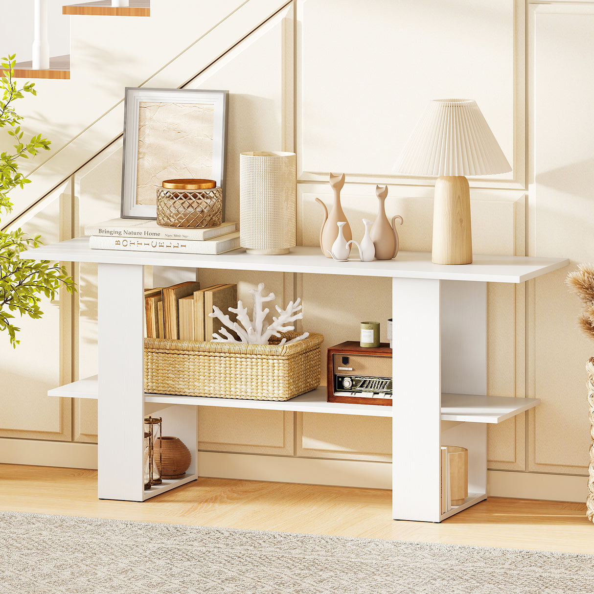 2-Tier TV Stand with Storage for TVs up to 55 Inch Console Table with Open Shelf-White