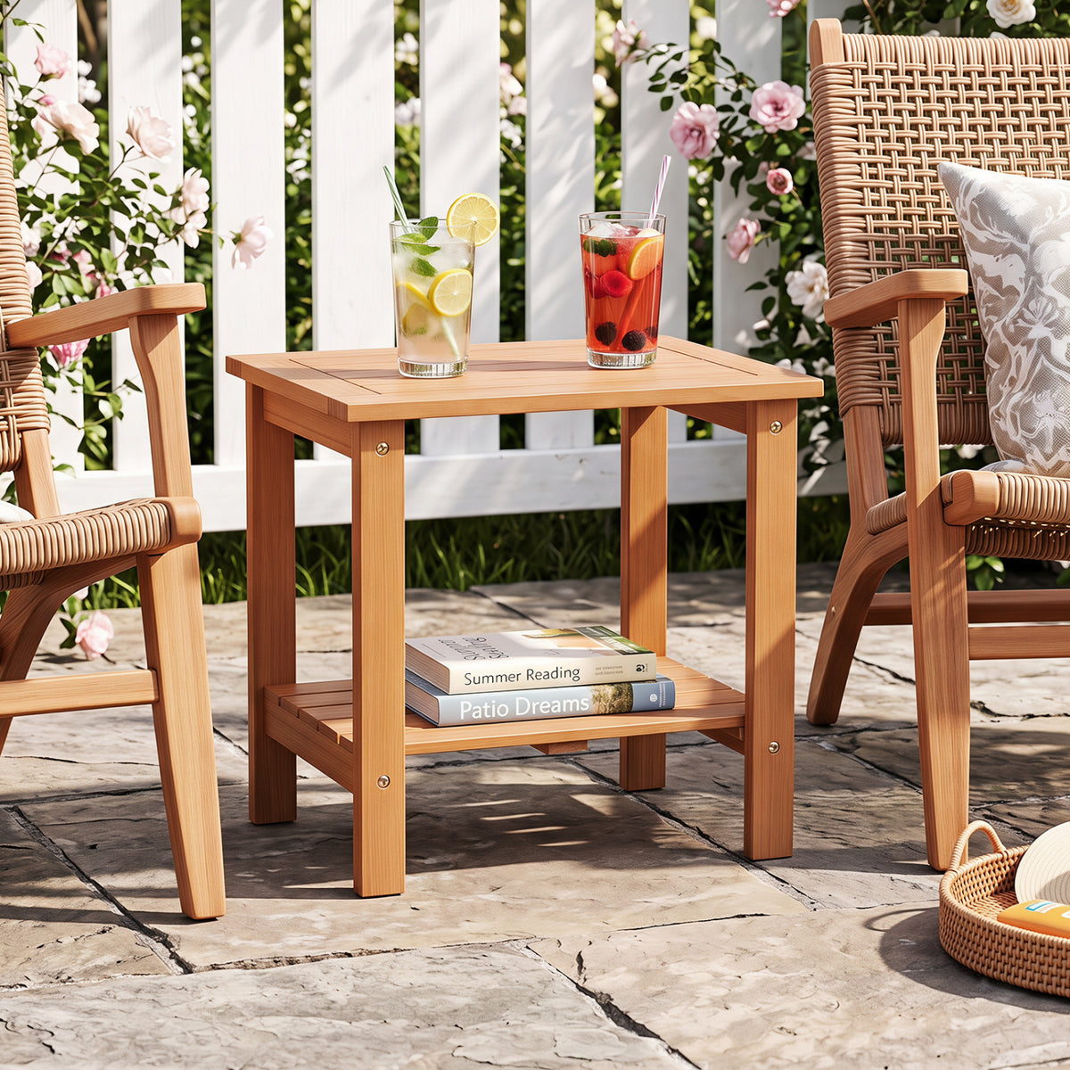 2-Tier Wood Patio End Table with Slatted Tabletop and Storage Shelf for Backyard-Natrual
