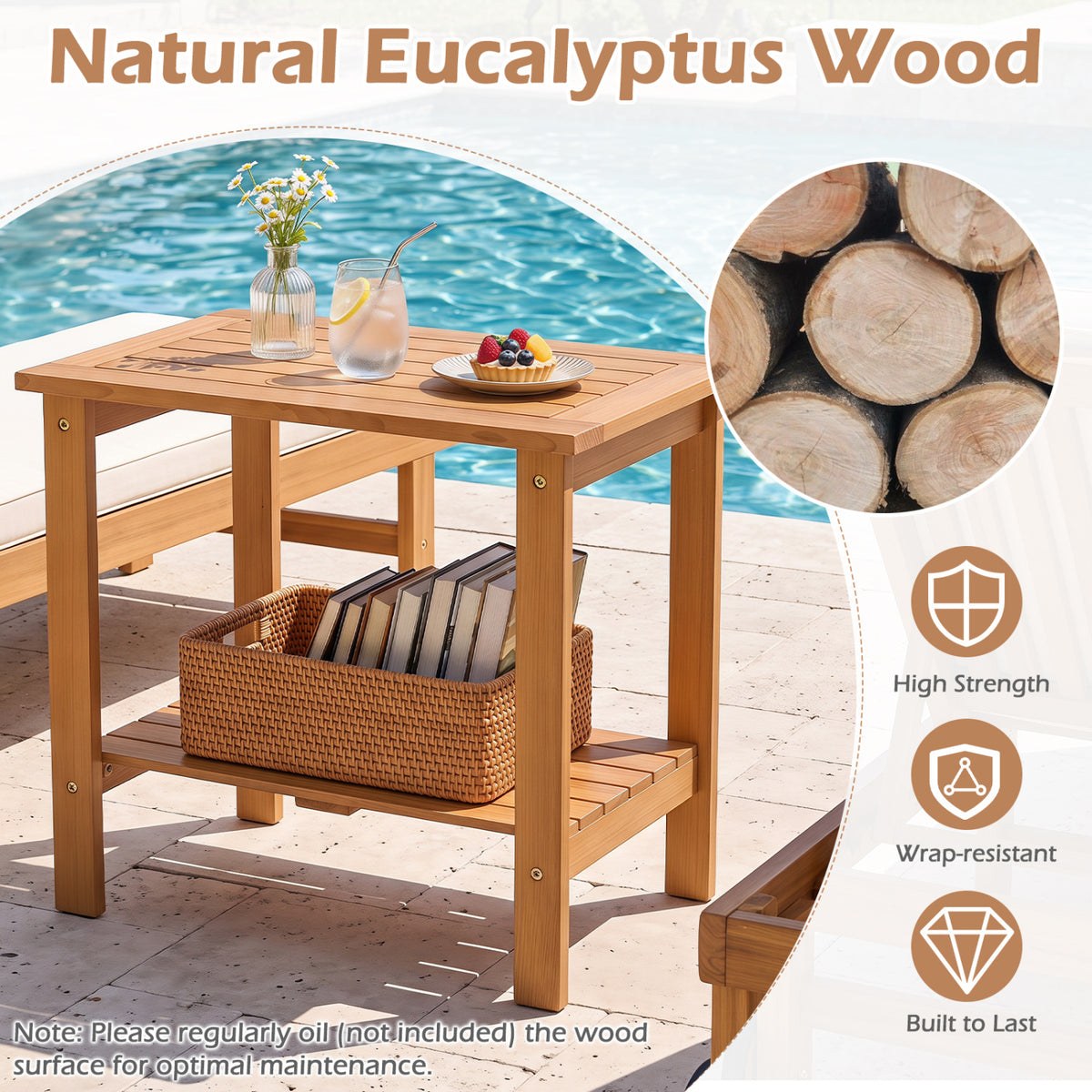 2-Tier Wood Patio End Table with Slatted Tabletop and Storage Shelf for Backyard-Natrual