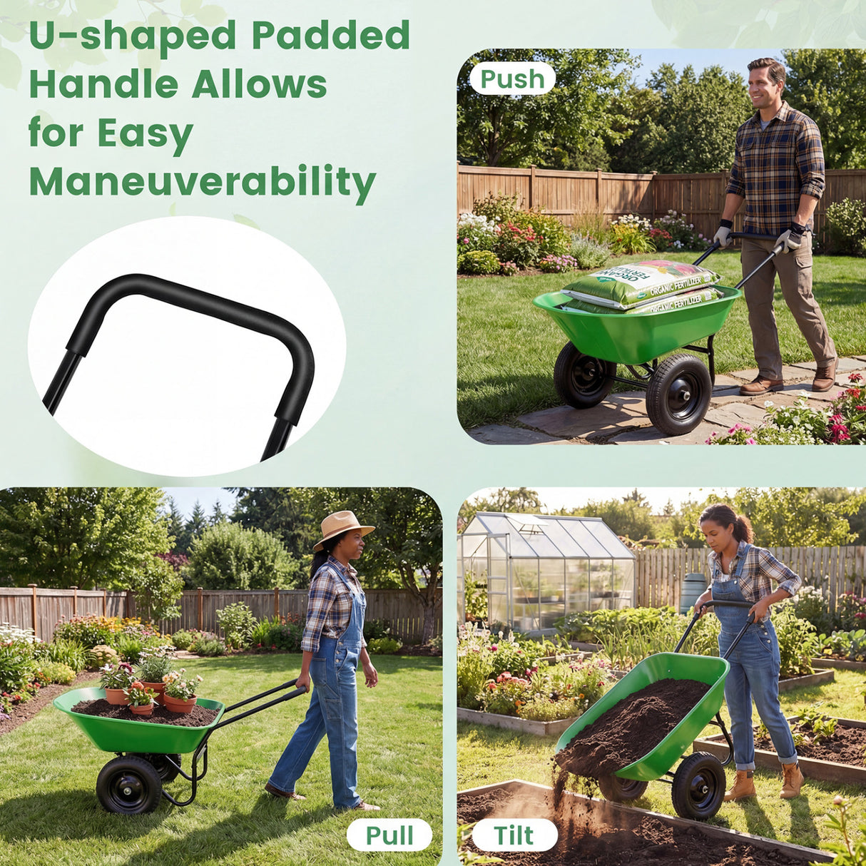 2 Tire Heavy-duty Dolly Utility Cart Wheelbarrow Garden Cart-Light Green