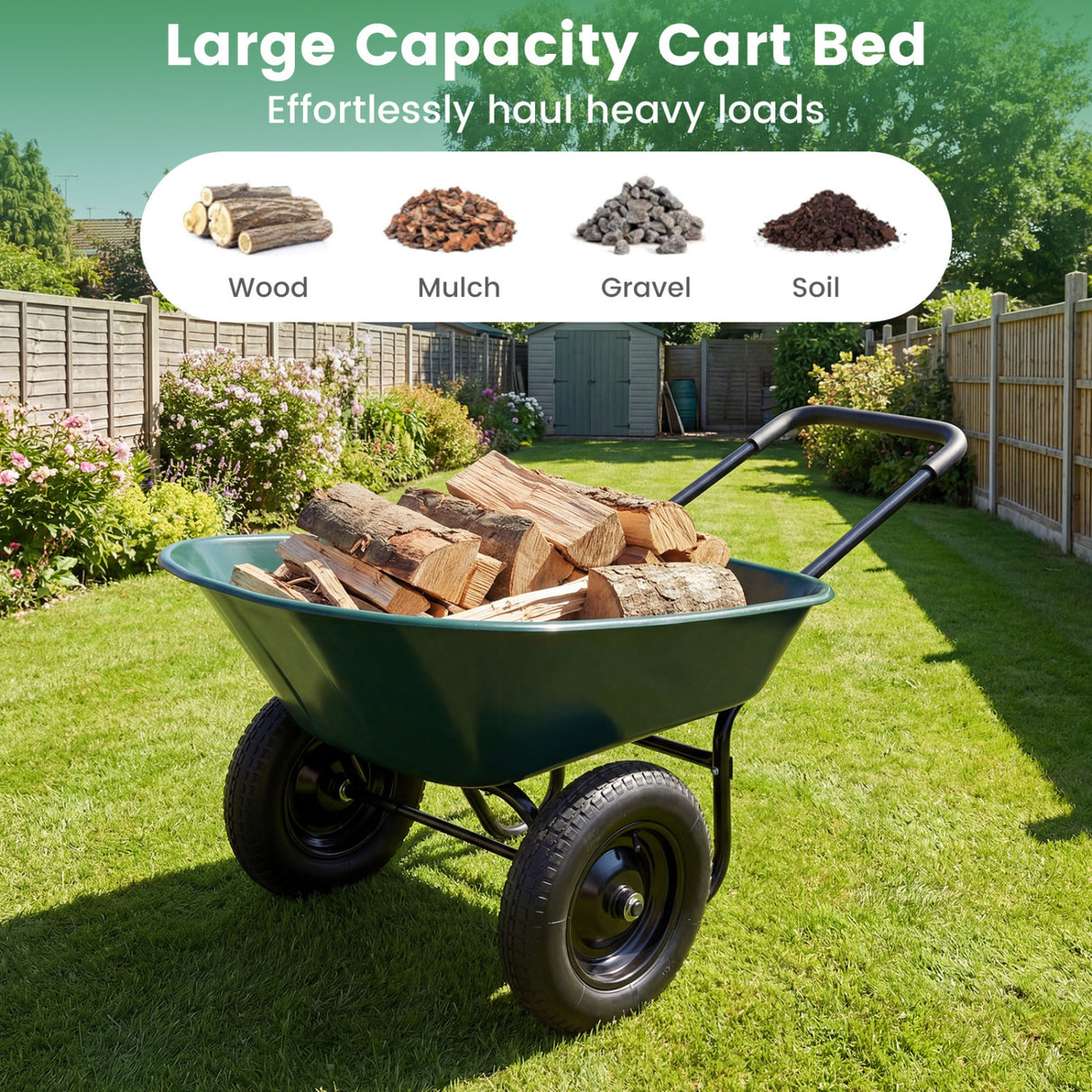 2 Tire Wheelbarrow Garden Cart Heavy-duty Dolly Utility Cart-Green