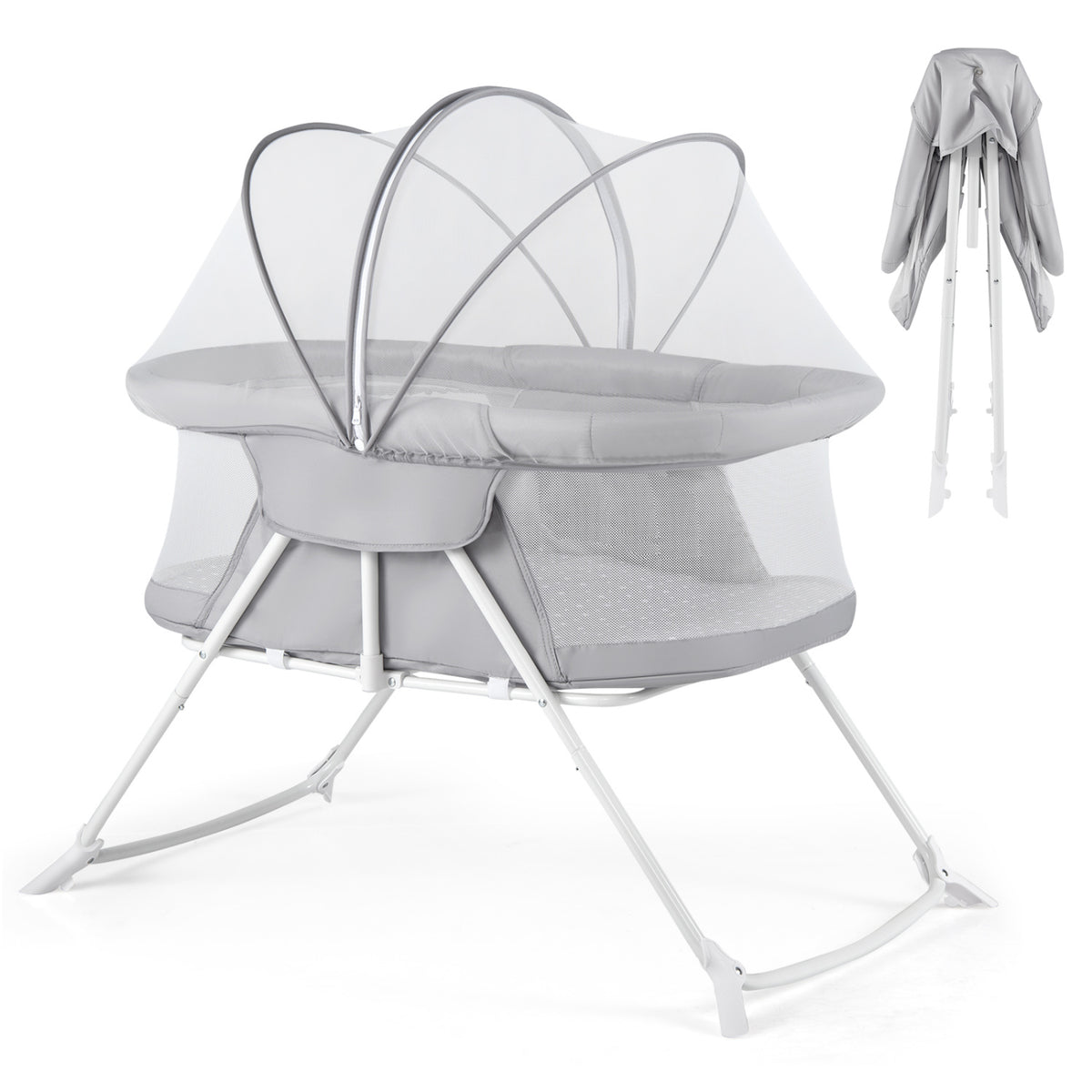 2 in 1 Baby Bassinet with Rocking Motion Foldable Bedside Sleeper with Breathable Mesh-Grey