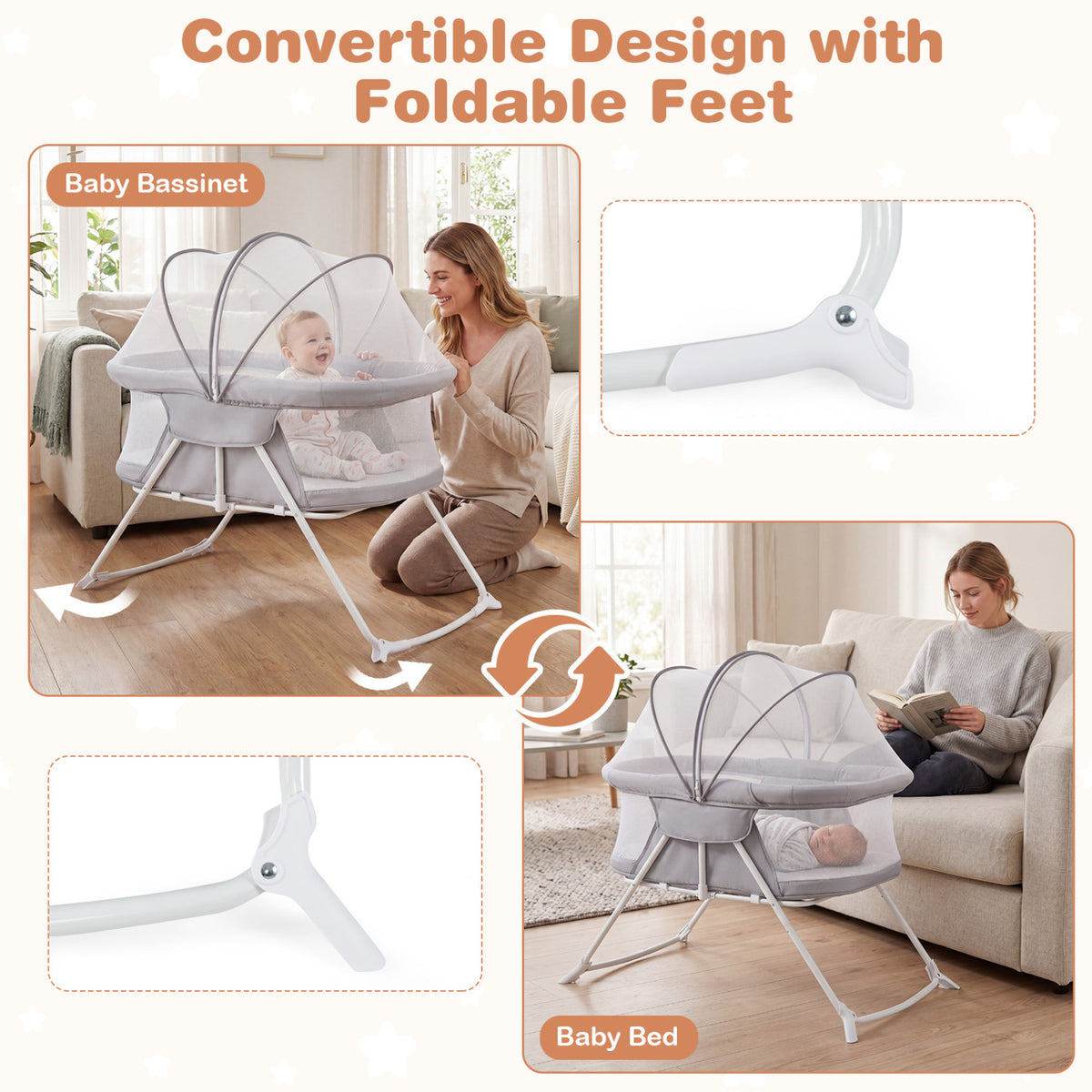 2 in 1 Baby Bassinet with Rocking Motion Foldable Bedside Sleeper with Breathable Mesh-Grey
