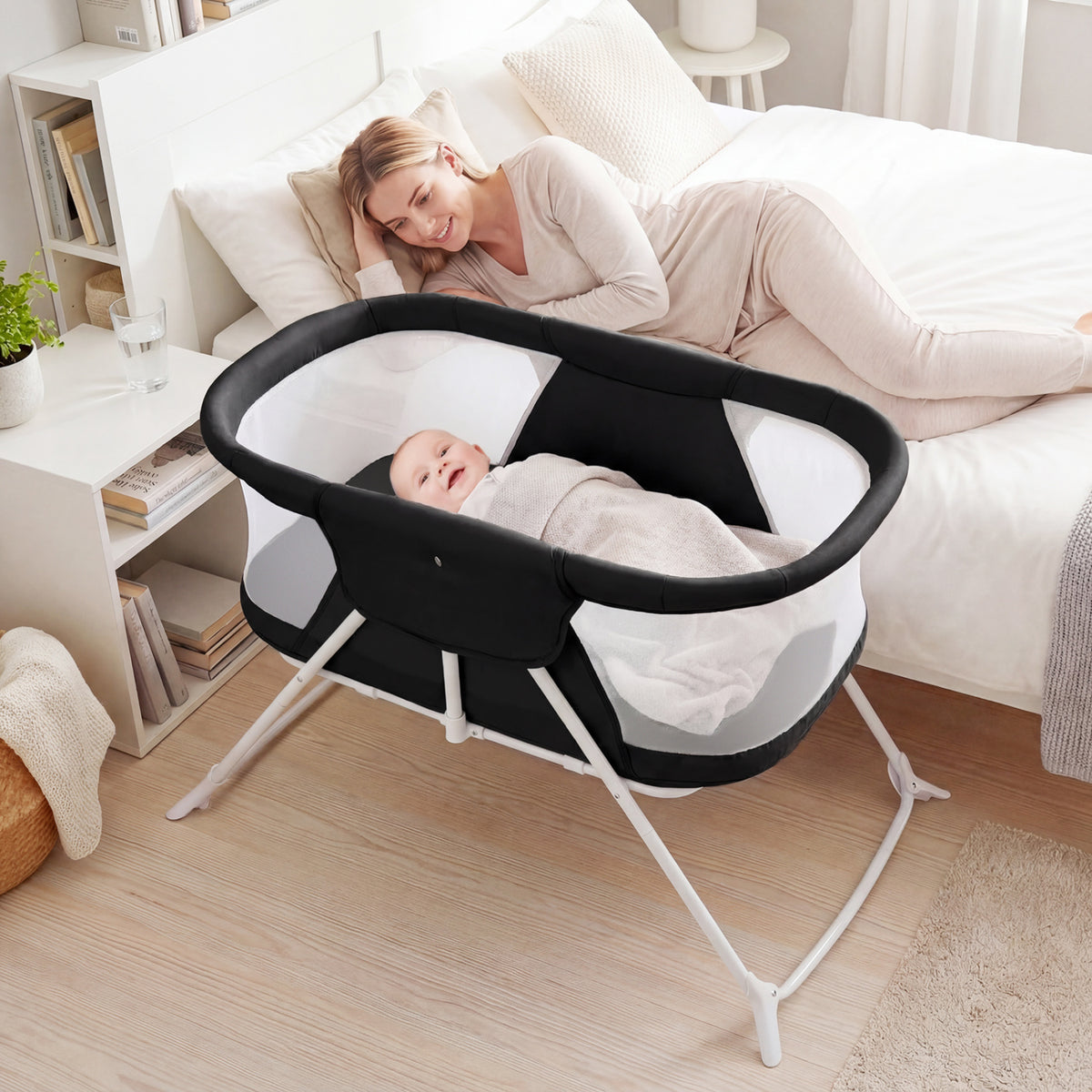 2 in 1 Baby Bassinet with Rocking Motion Foldable Bedside Sleeper with Breathable Mesh-Black