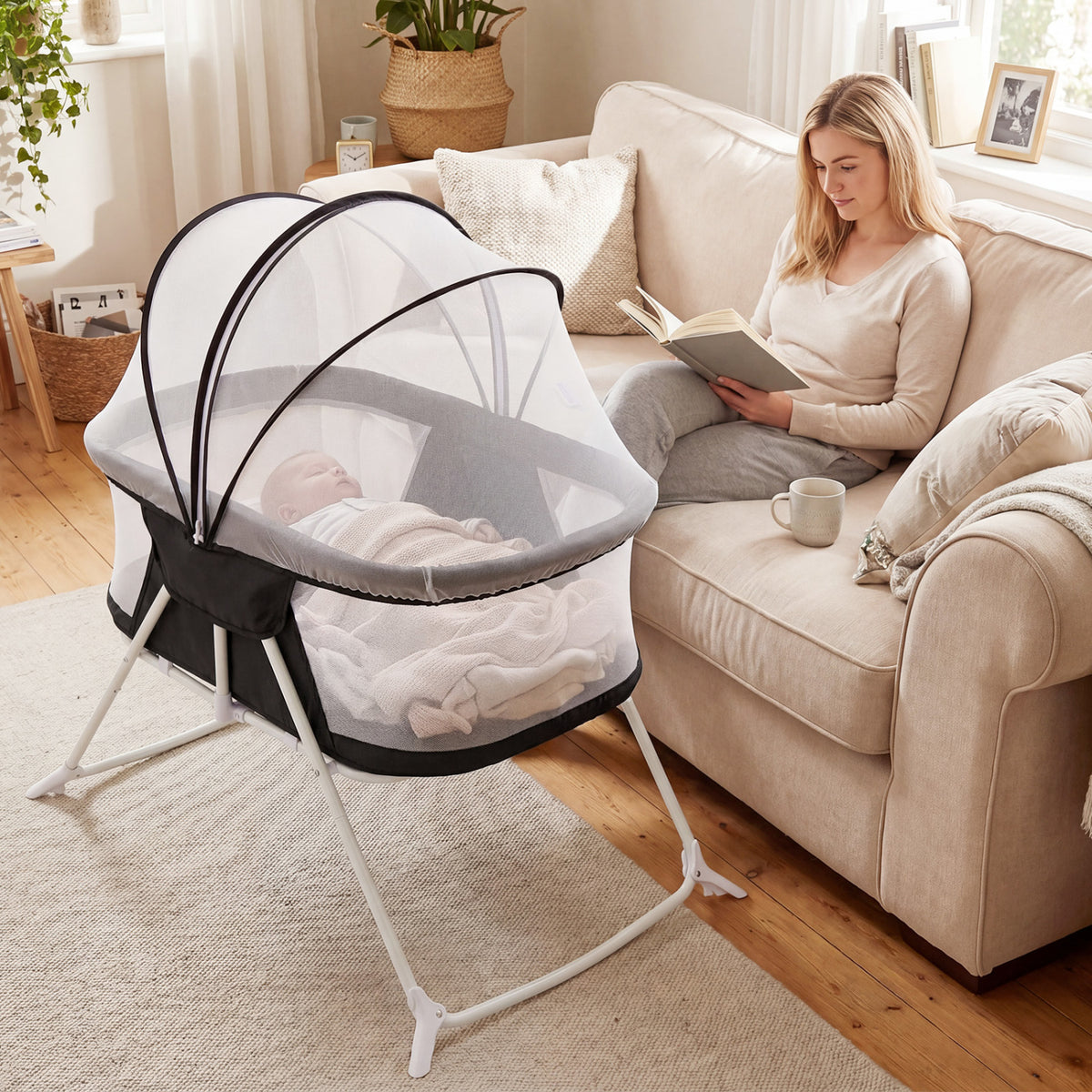 2 in 1 Baby Bassinet with Rocking Motion Foldable Bedside Sleeper with Breathable Mesh-Black
