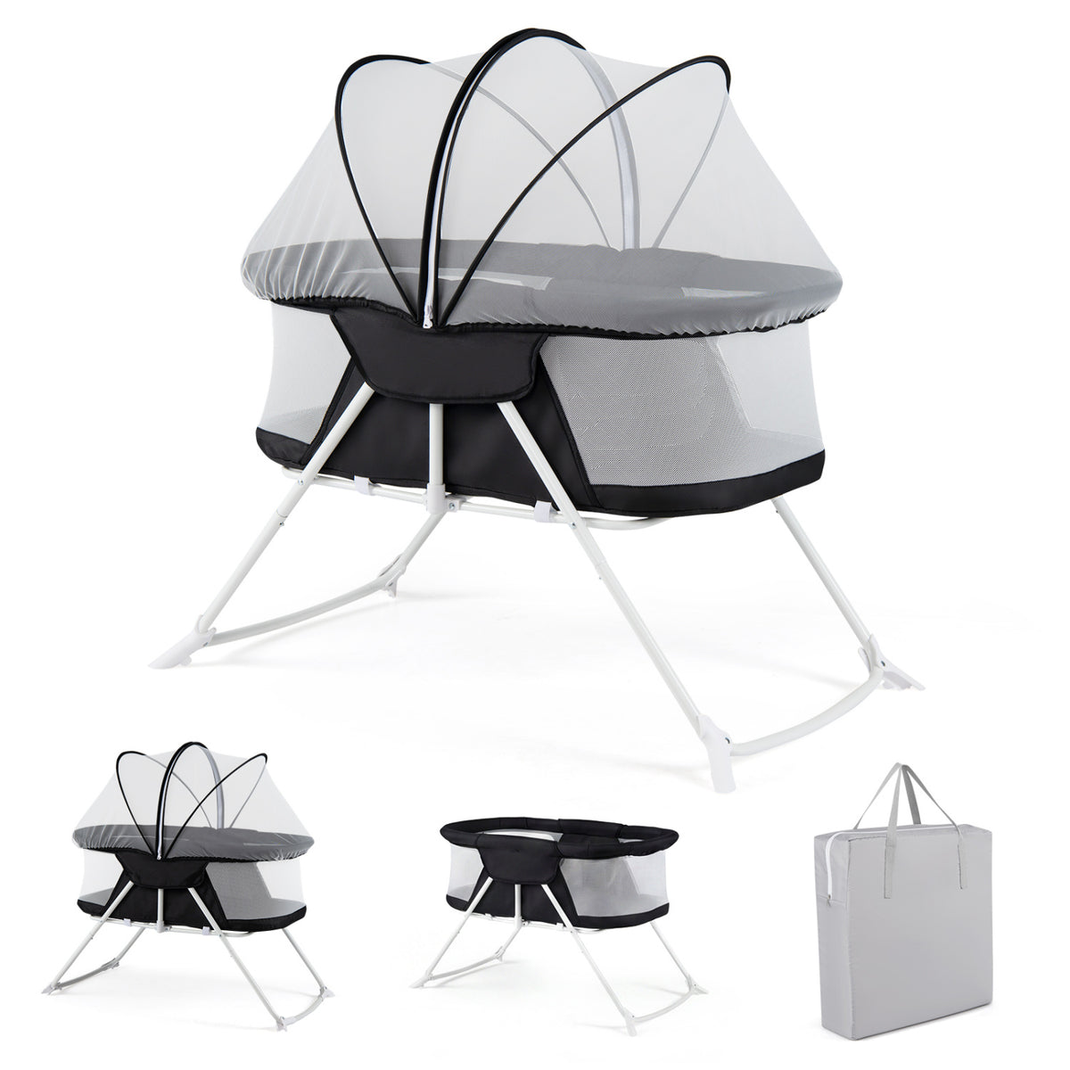 2 in 1 Baby Bassinet with Rocking Motion Foldable Bedside Sleeper with Breathable Mesh-Black