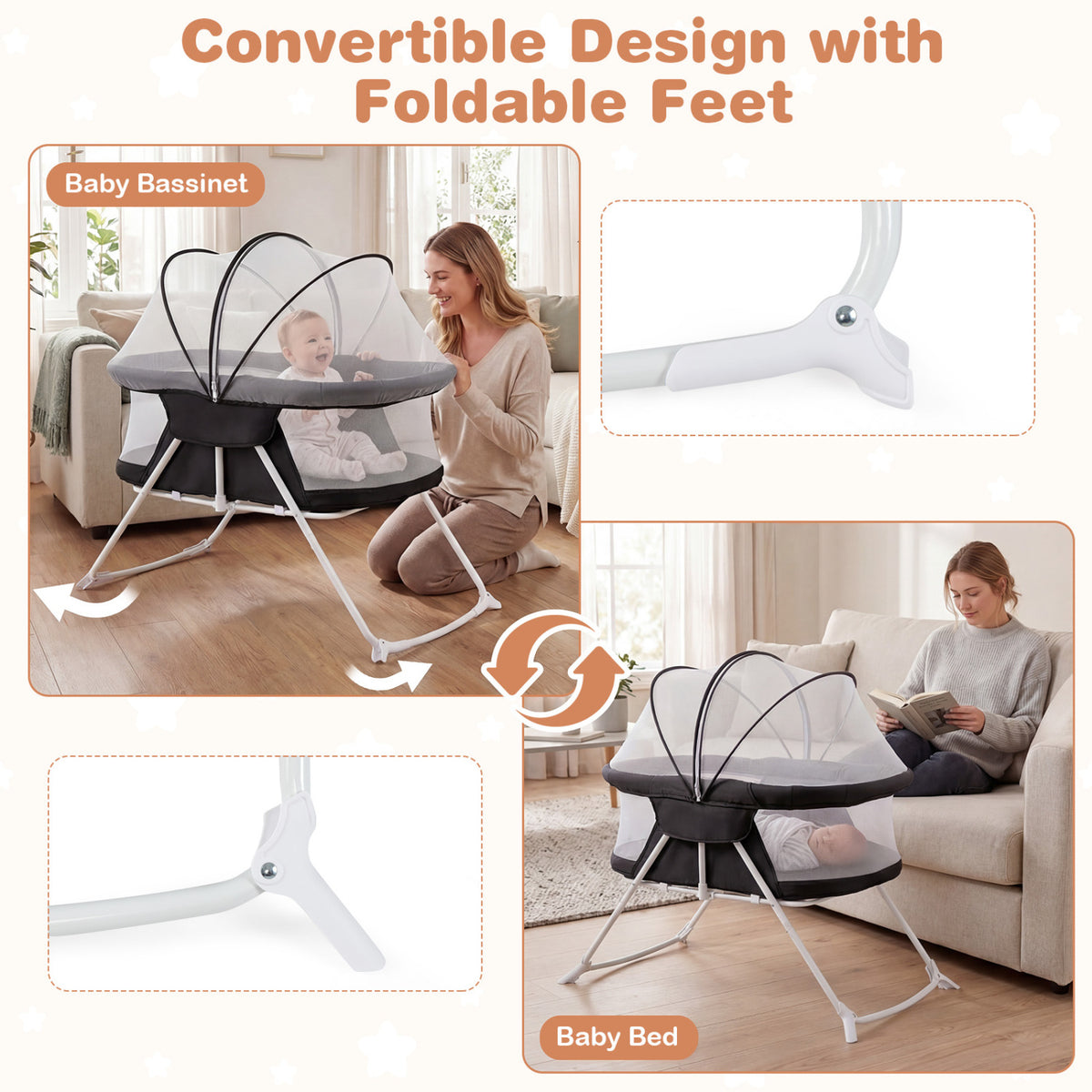 2 in 1 Baby Bassinet with Rocking Motion Foldable Bedside Sleeper with Breathable Mesh-Black