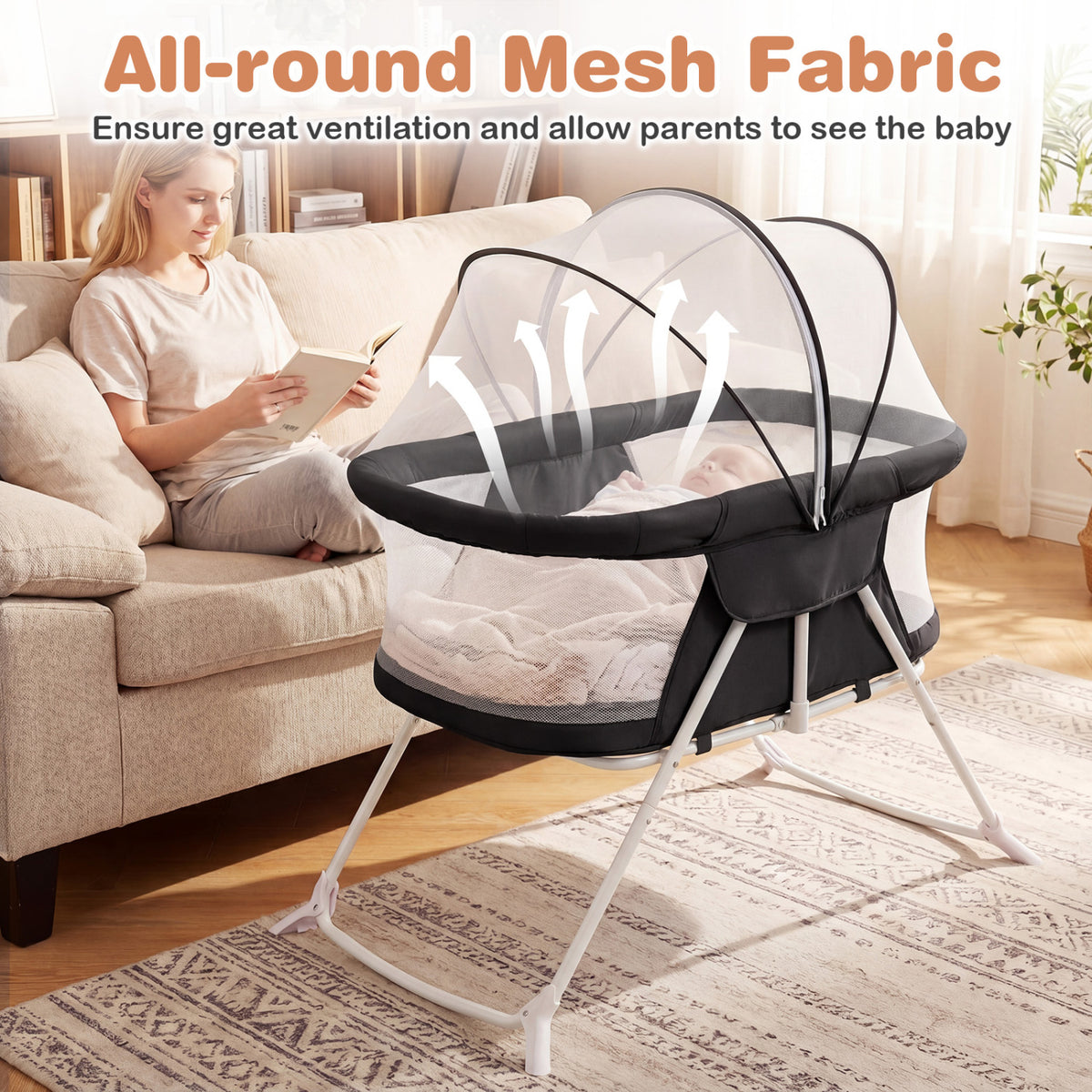 2 in 1 Baby Bassinet with Rocking Motion Foldable Bedside Sleeper with Breathable Mesh-Black