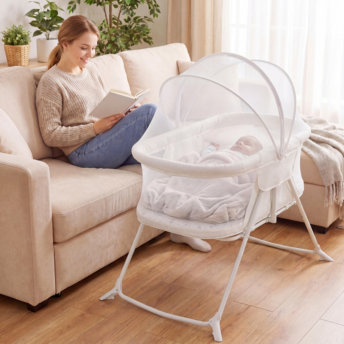 2 in 1 Baby Bassinet with Rocking Motion Foldable Bedside Sleeper with Breathable Mesh-Beige