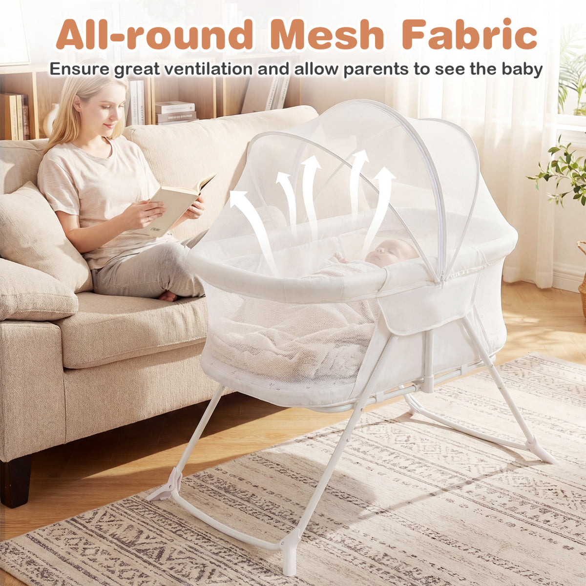 2 in 1 Baby Bassinet with Rocking Motion Foldable Bedside Sleeper with Breathable Mesh-Beige
