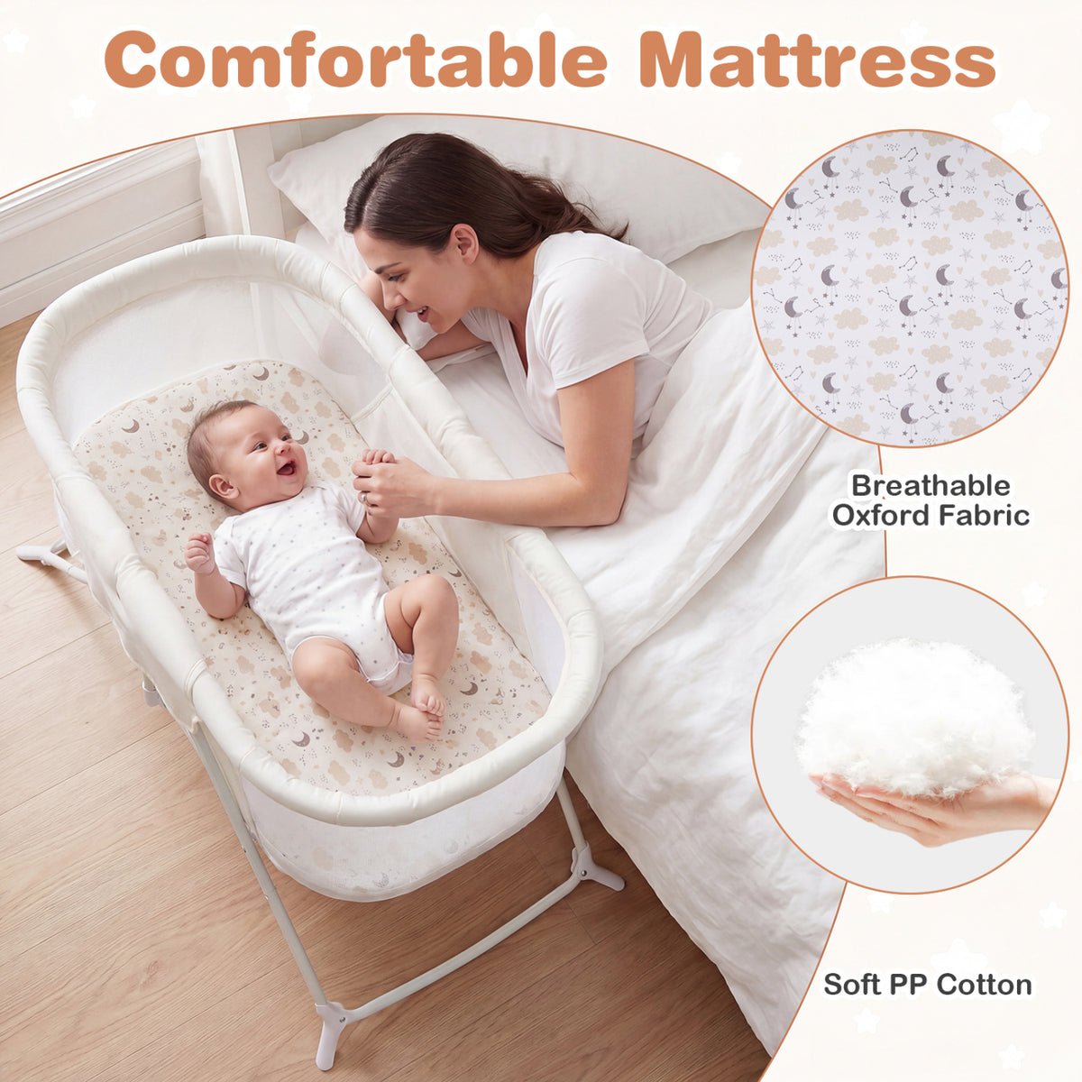 2 in 1 Baby Bassinet with Rocking Motion Foldable Bedside Sleeper with Breathable Mesh-Beige