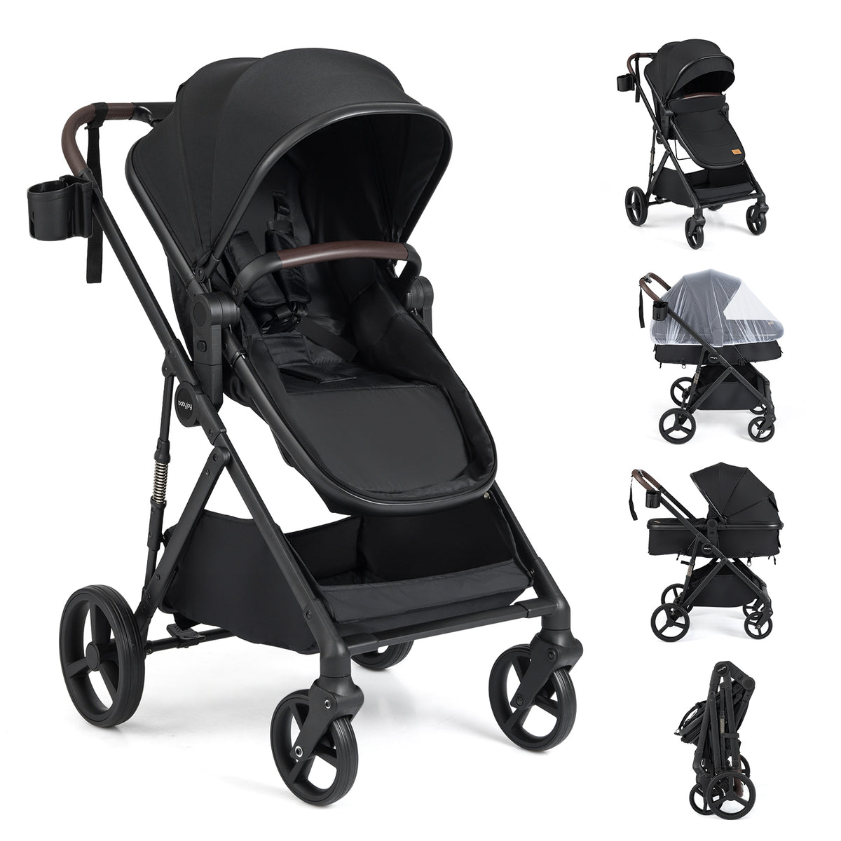 2 in 1 Baby Stroller with Bassinet Mode High Landscape with Reversible Seat and Canopy-Black
