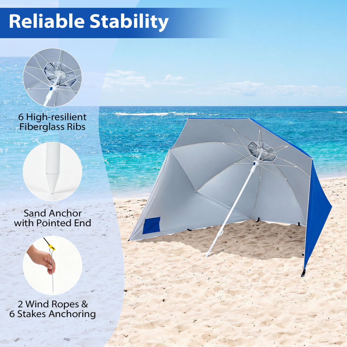 2-in-1 Beach Shelter Umbrella UPF 50+ with Side Panels for Camping Picnic-Blue