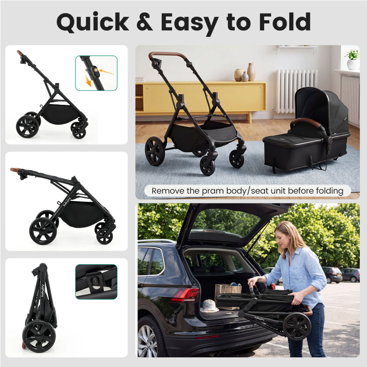 2-in-1 Convertible Baby Stroller with Car Seat Adapters-Black