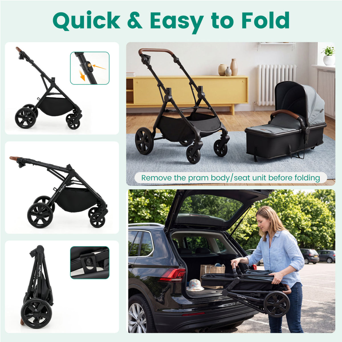 2-in-1 Convertible Baby Stroller with Car Seat Adapters-Turquoise