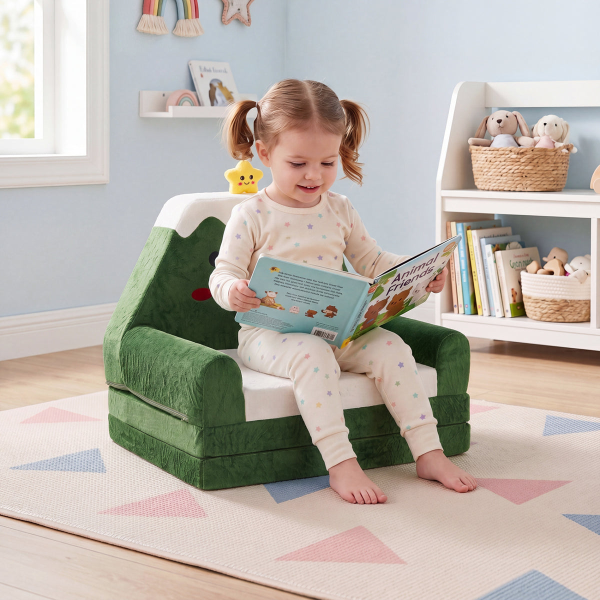 2-in-1 Convertible Kids Sofa to Lounger with Christmas Patterns-Green