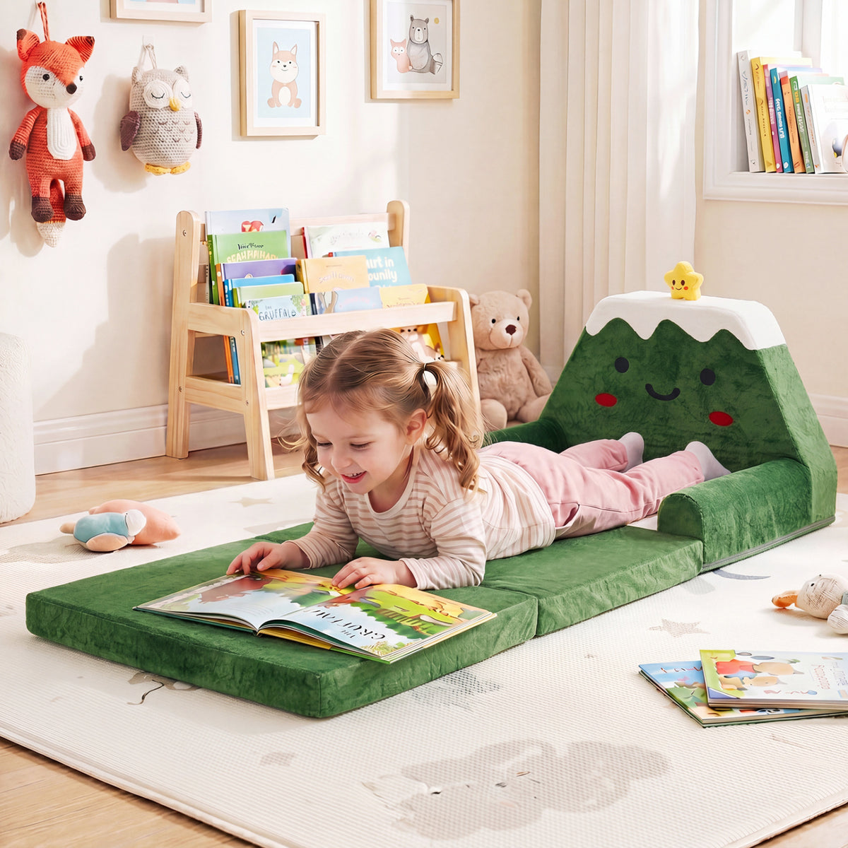 2-in-1 Convertible Kids Sofa to Lounger with Christmas Patterns-Green