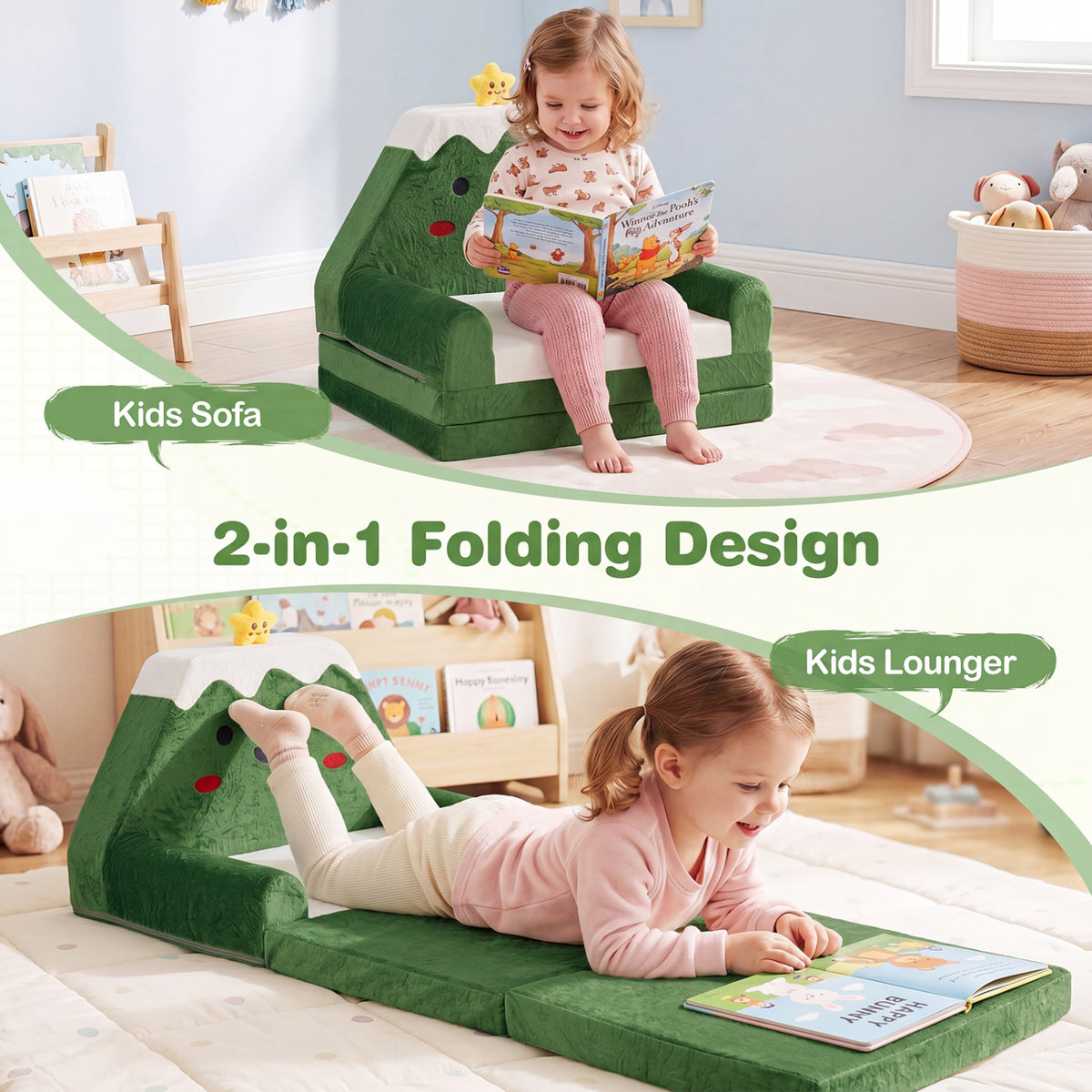 2-in-1 Convertible Kids Sofa to Lounger with Christmas Patterns-Green