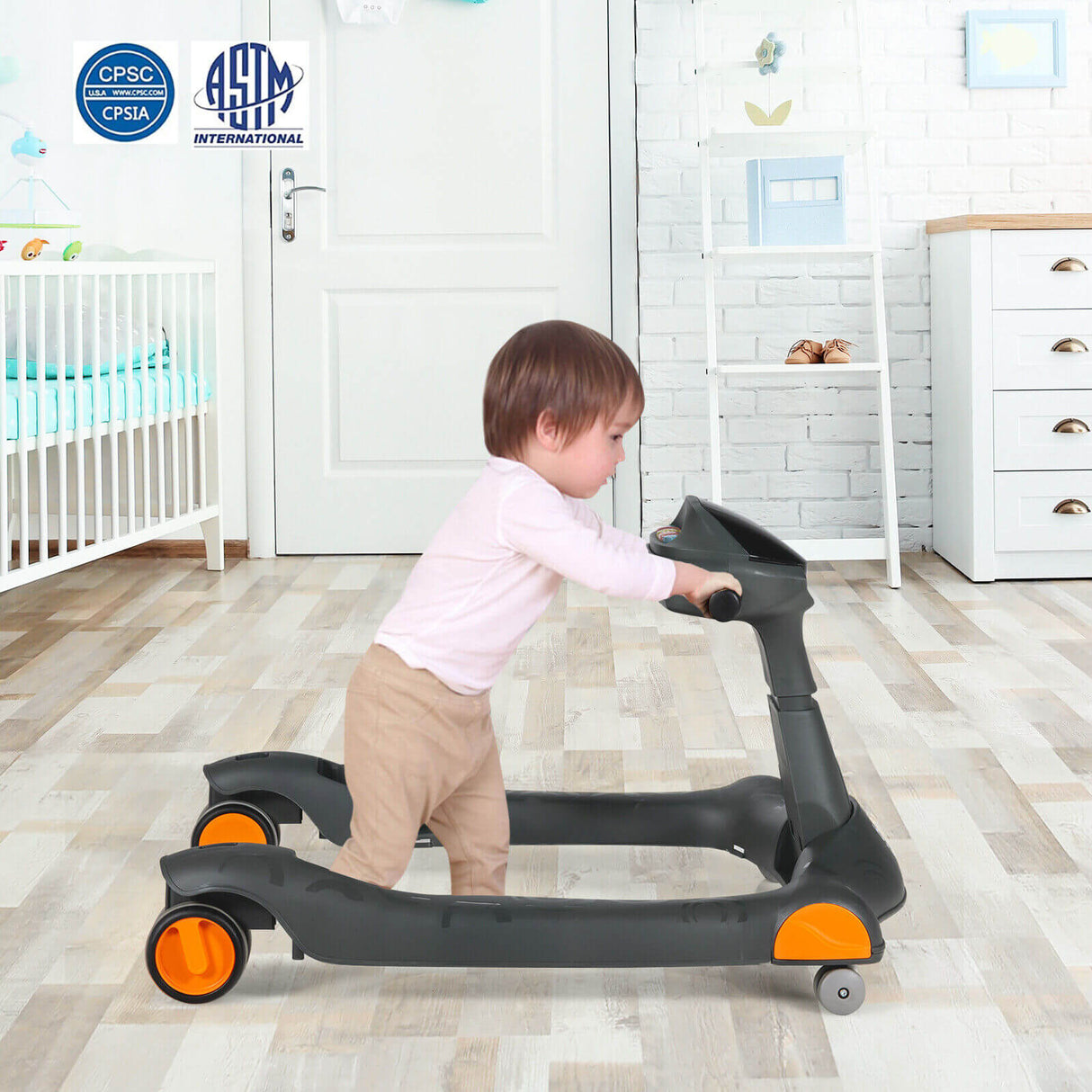 2-in-1 Foldable Activity Push Walker with Adjustable Height-Dark Gray