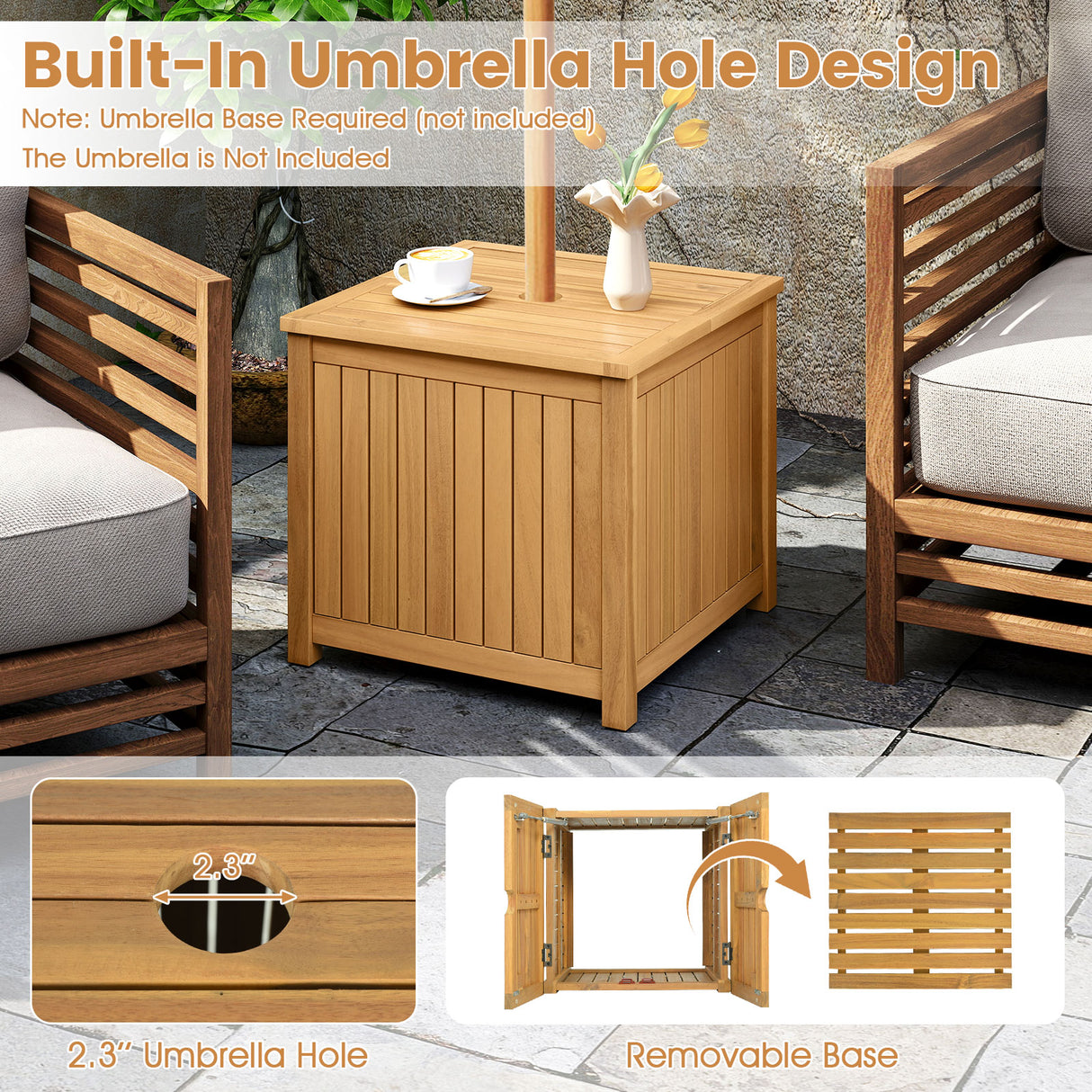 2-in-1 Outdoor Side Table with Storage Acacia Wood Slatted Coffee Table Square Slatted End Storage Box