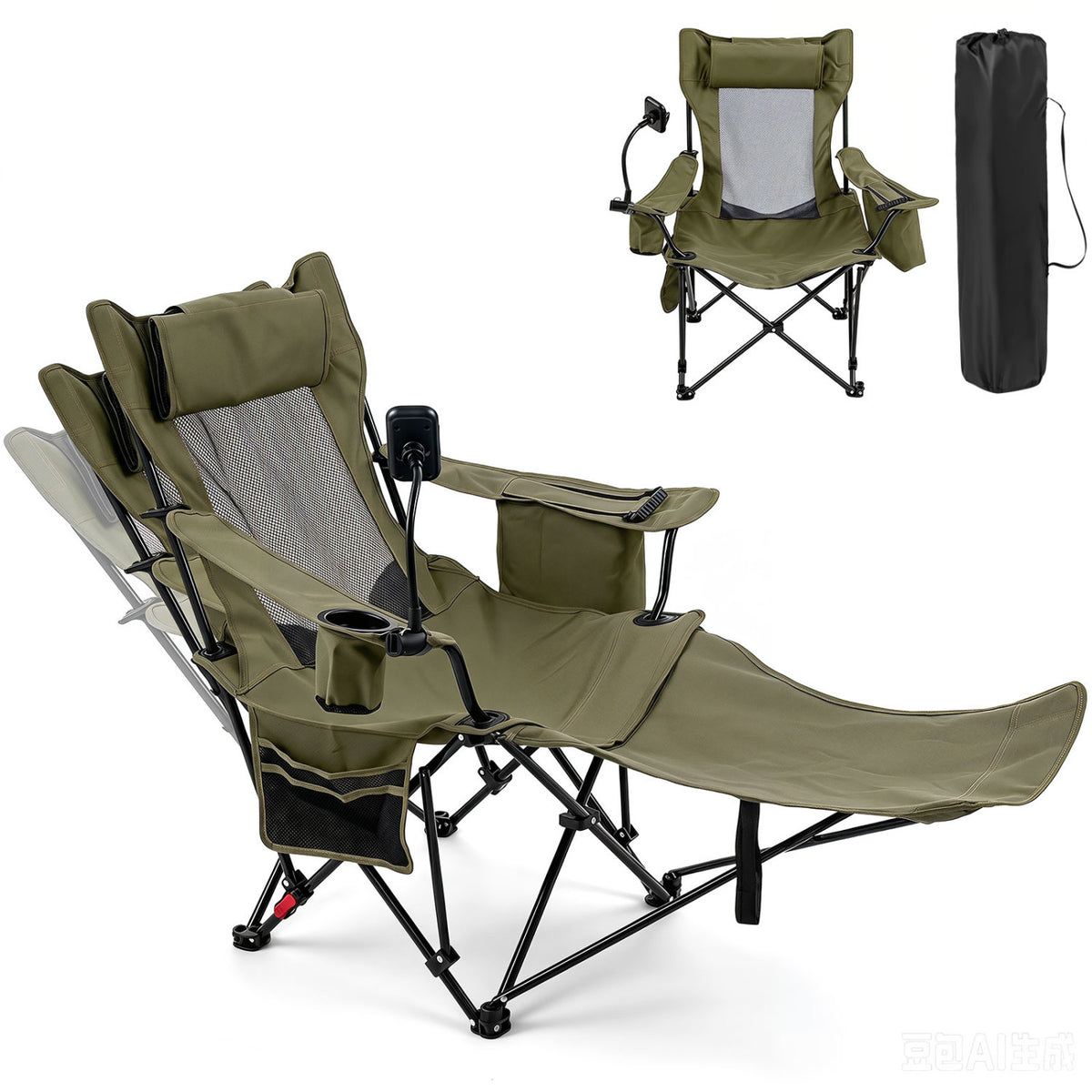 2-in-1 Reclining Camping Chair with 3-Level Adjustable Backrest-Green