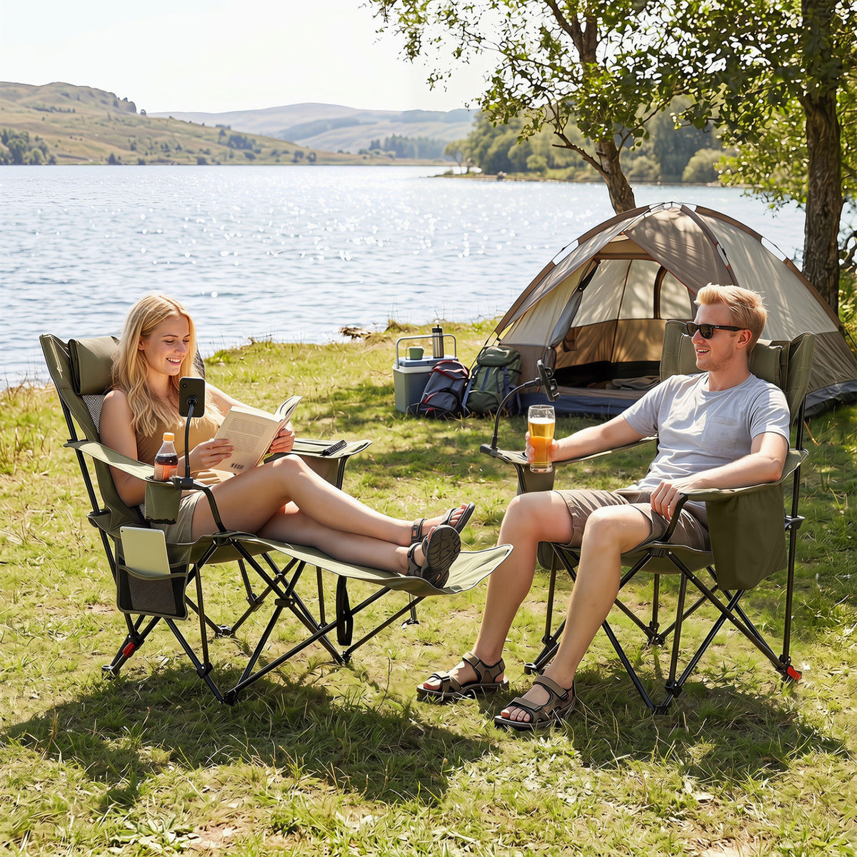 2-in-1 Reclining Camping Chair with 3-Level Adjustable Backrest-Green