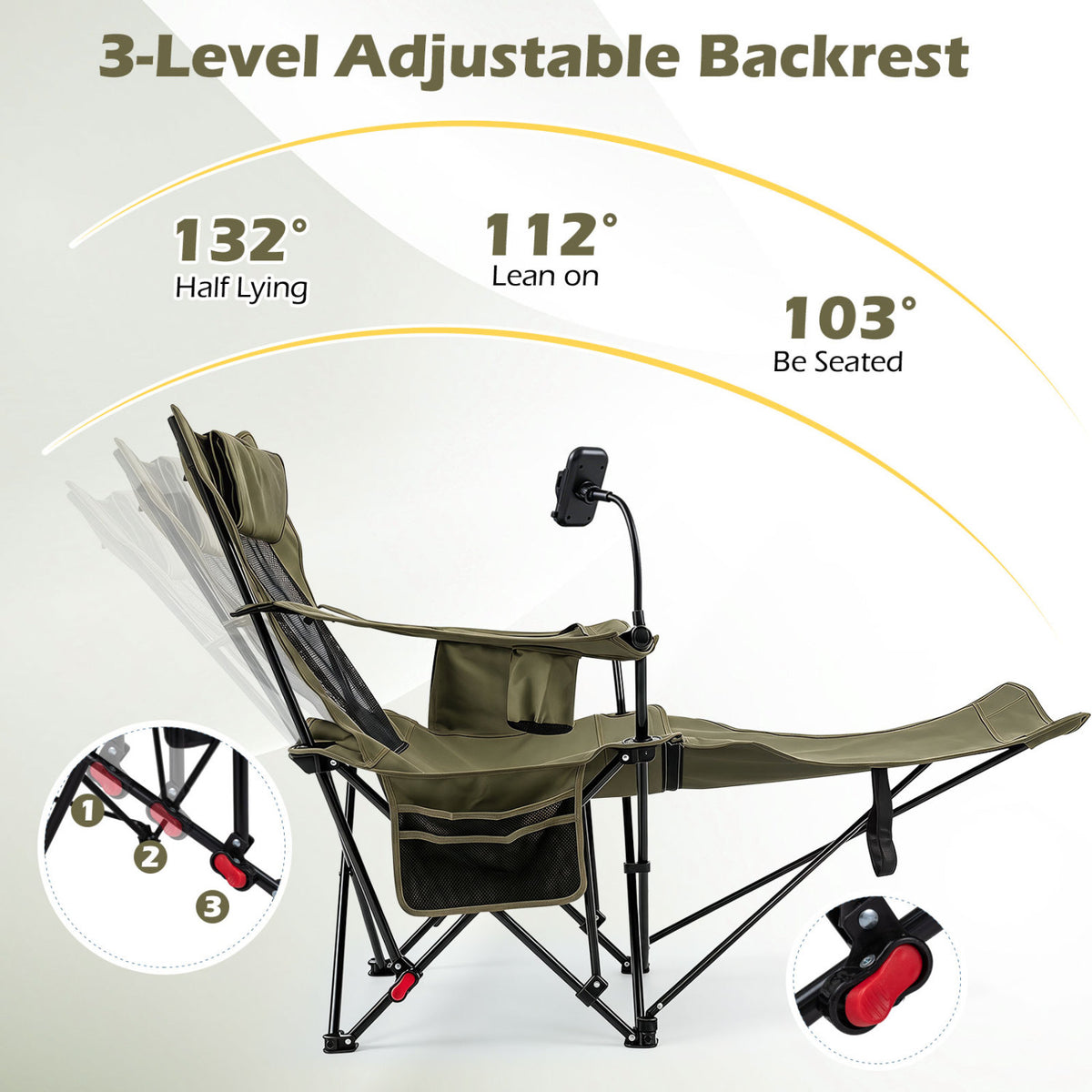 2-in-1 Reclining Camping Chair with 3-Level Adjustable Backrest-Green