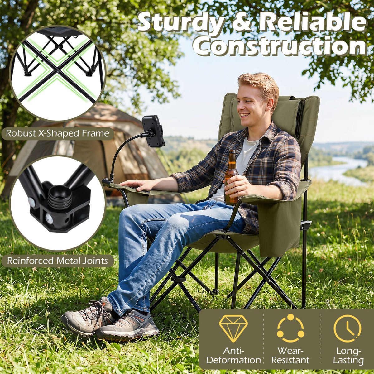 2-in-1 Reclining Camping Chair with 3-Level Adjustable Backrest-Green