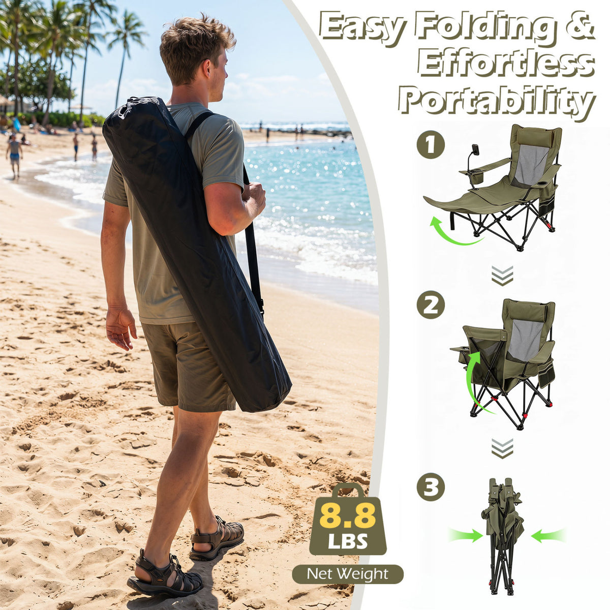 2-in-1 Reclining Camping Chair with 3-Level Adjustable Backrest-Green