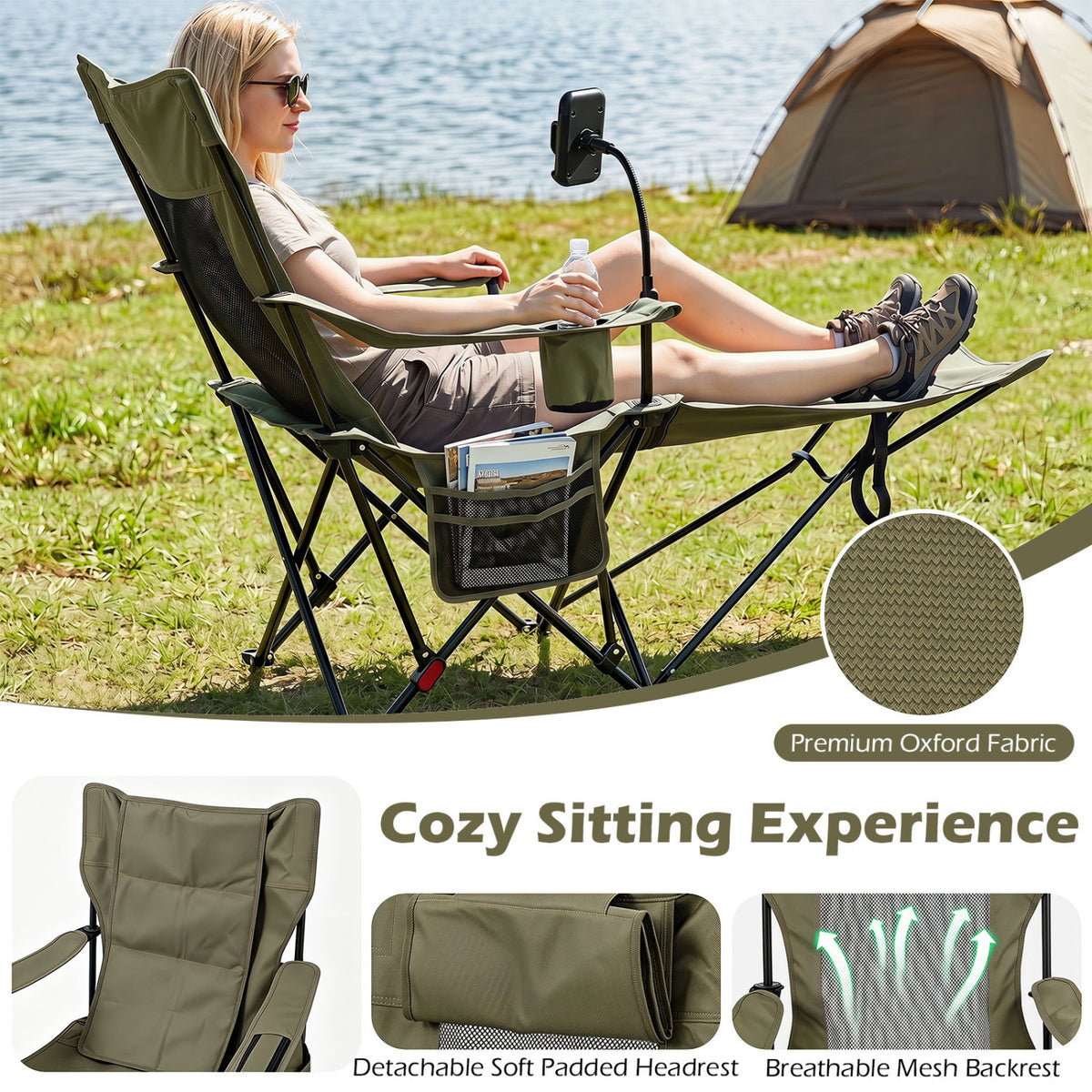 2-in-1 Reclining Camping Chair with 3-Level Adjustable Backrest-Green