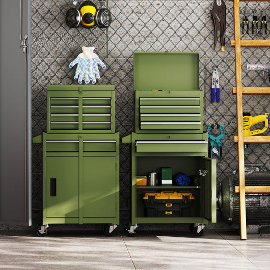 2-in-1 Rolling Tool Chest with 5 Sliding Lockable Drawers-Green