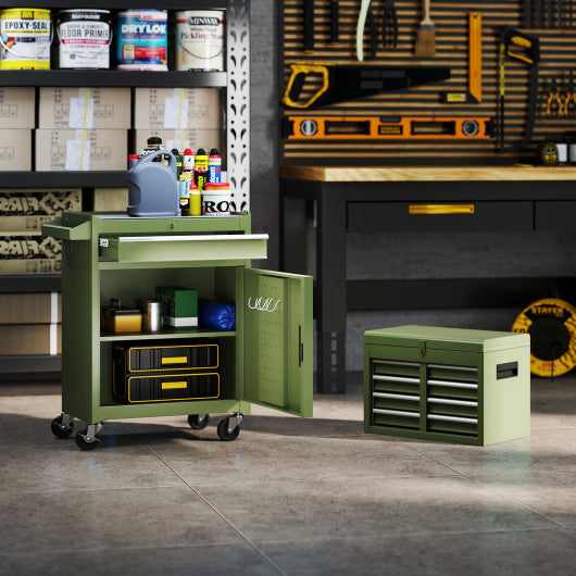 2-in-1 Rolling Tool Chest with 5 Sliding Lockable Drawers-Green