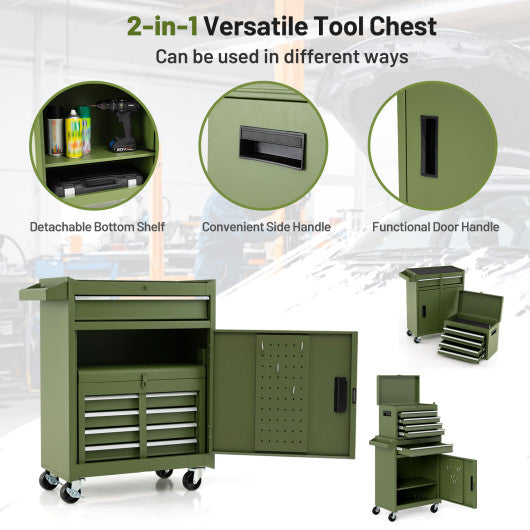 2-in-1 Rolling Tool Chest with 5 Sliding Lockable Drawers-Green