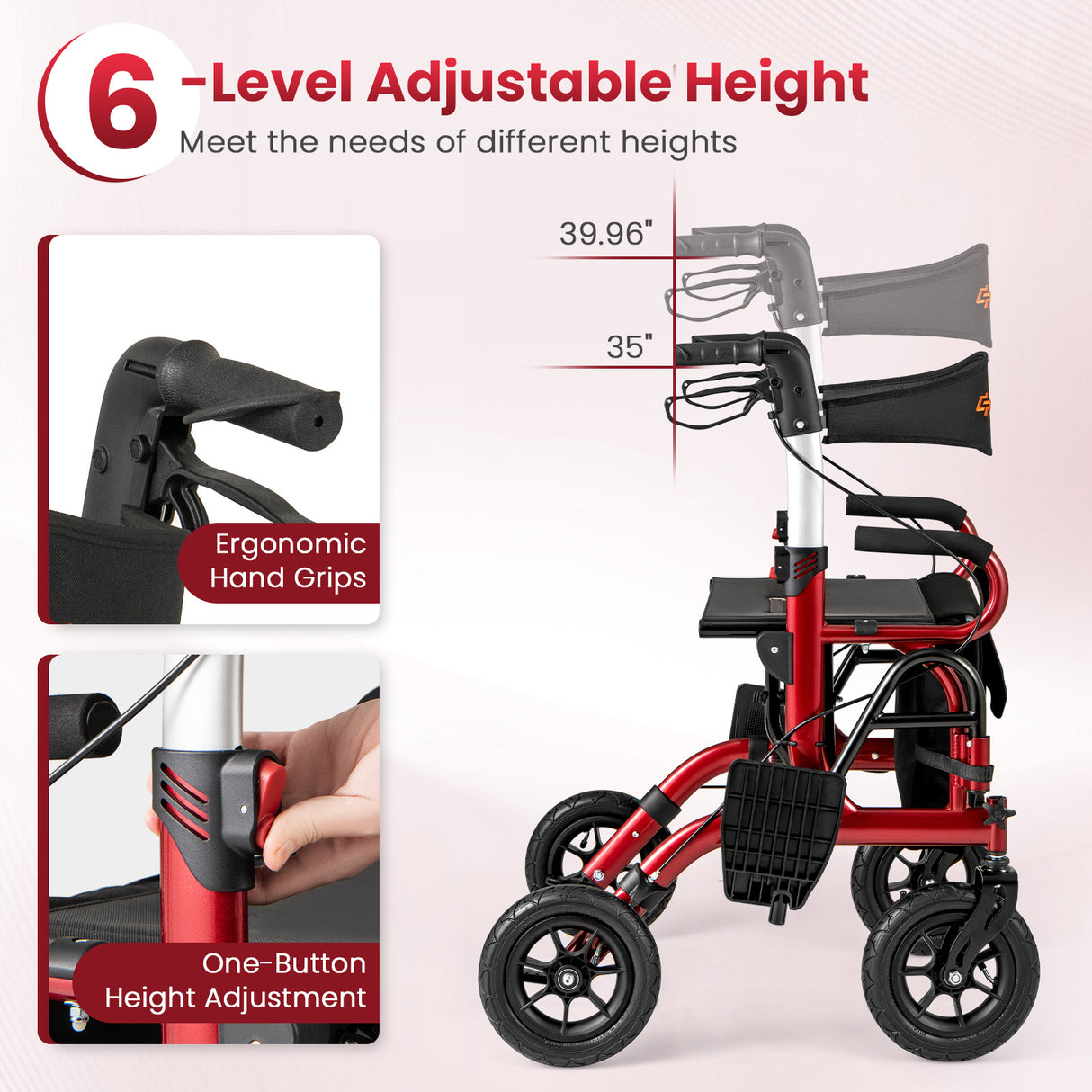 2-in-1 Foldable Rollator Walker with Seat abd 9 Inch Pneumatic Tires for Seniors-Red