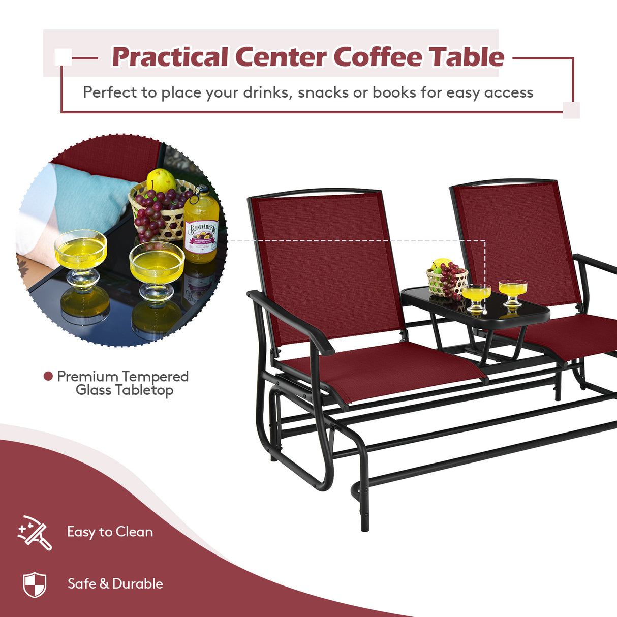 2-Person Double Rocking Loveseat with Mesh Fabric and Center Tempered Glass Table-Red