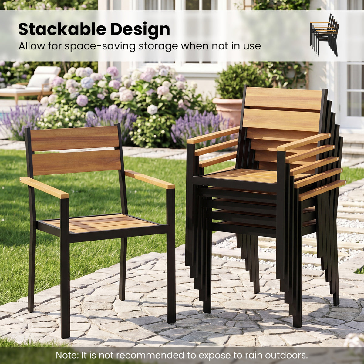 2 piece Outside Patio Dining Chair with Acacia Armrest for Backyard Garden