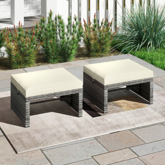 2 Pieces Patio PE Rattan Ottomans with Soft Zippered Cushions for Deck-White